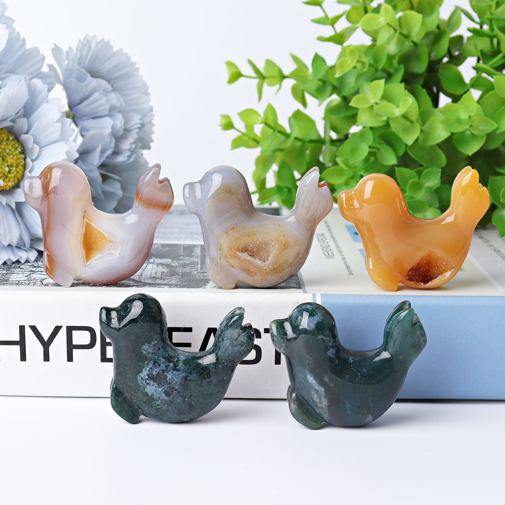 2.2" Druzy & Moss Agate Seal Crystal Animal Carvings