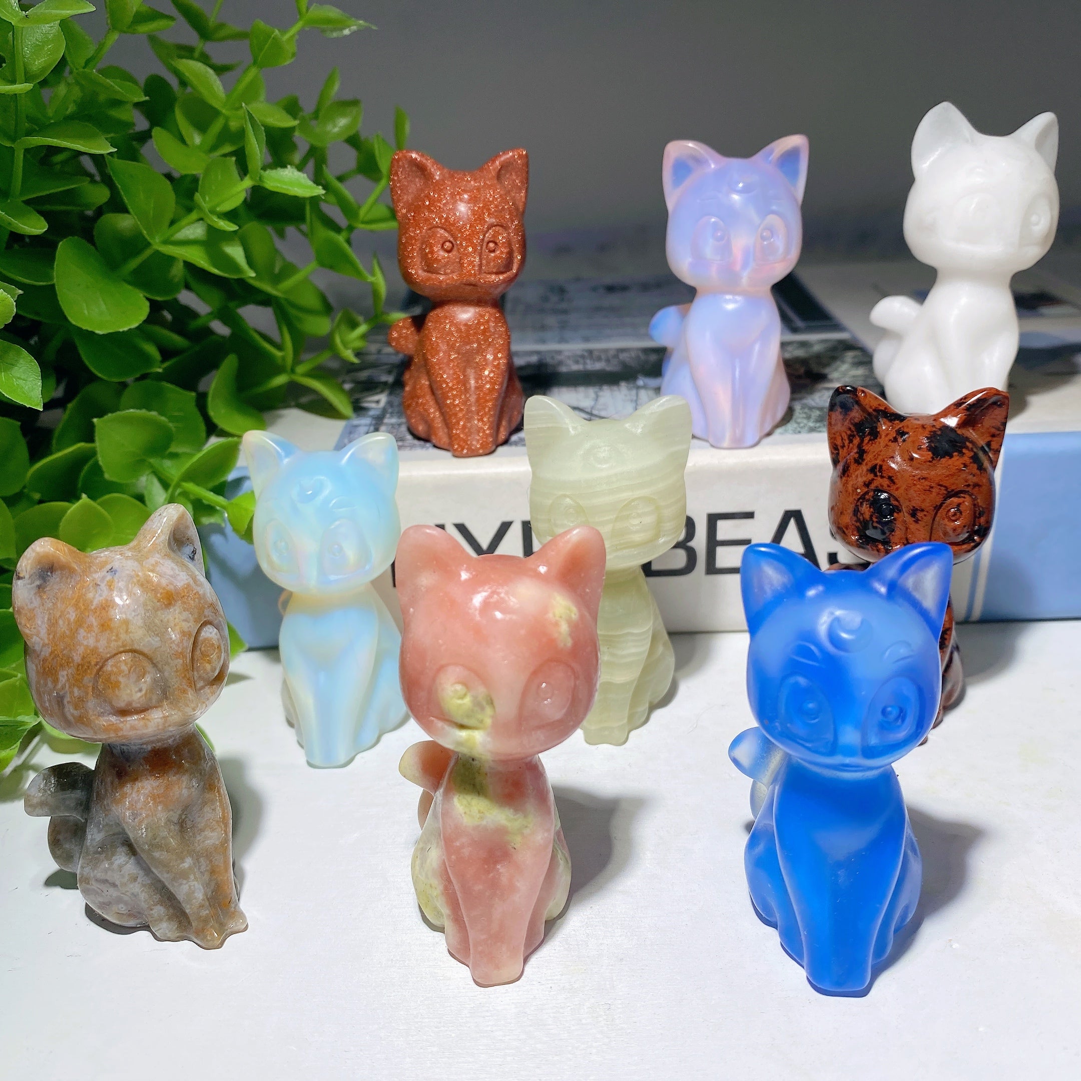 2.2" Mixed Crystal Cat Carvings Figurine Healing Energy