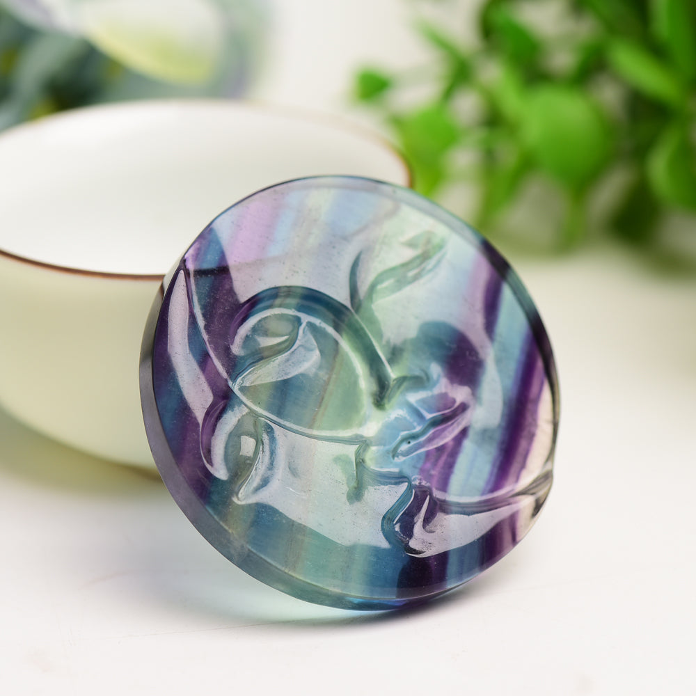 2.2" Rainbow Fluorite Sun Moon Face Crystal Carving Figurine