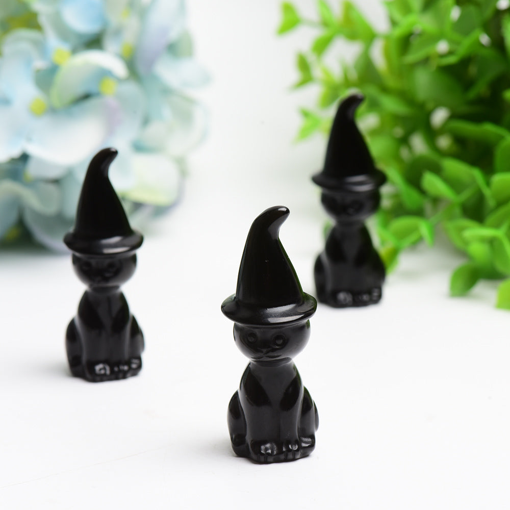 2.3 inch Black Obsidian Crystal Cat Figurine with Wizard Hat