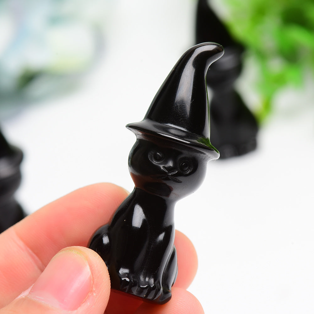 2.3 inch Black Obsidian Crystal Cat Figurine with Wizard Hat