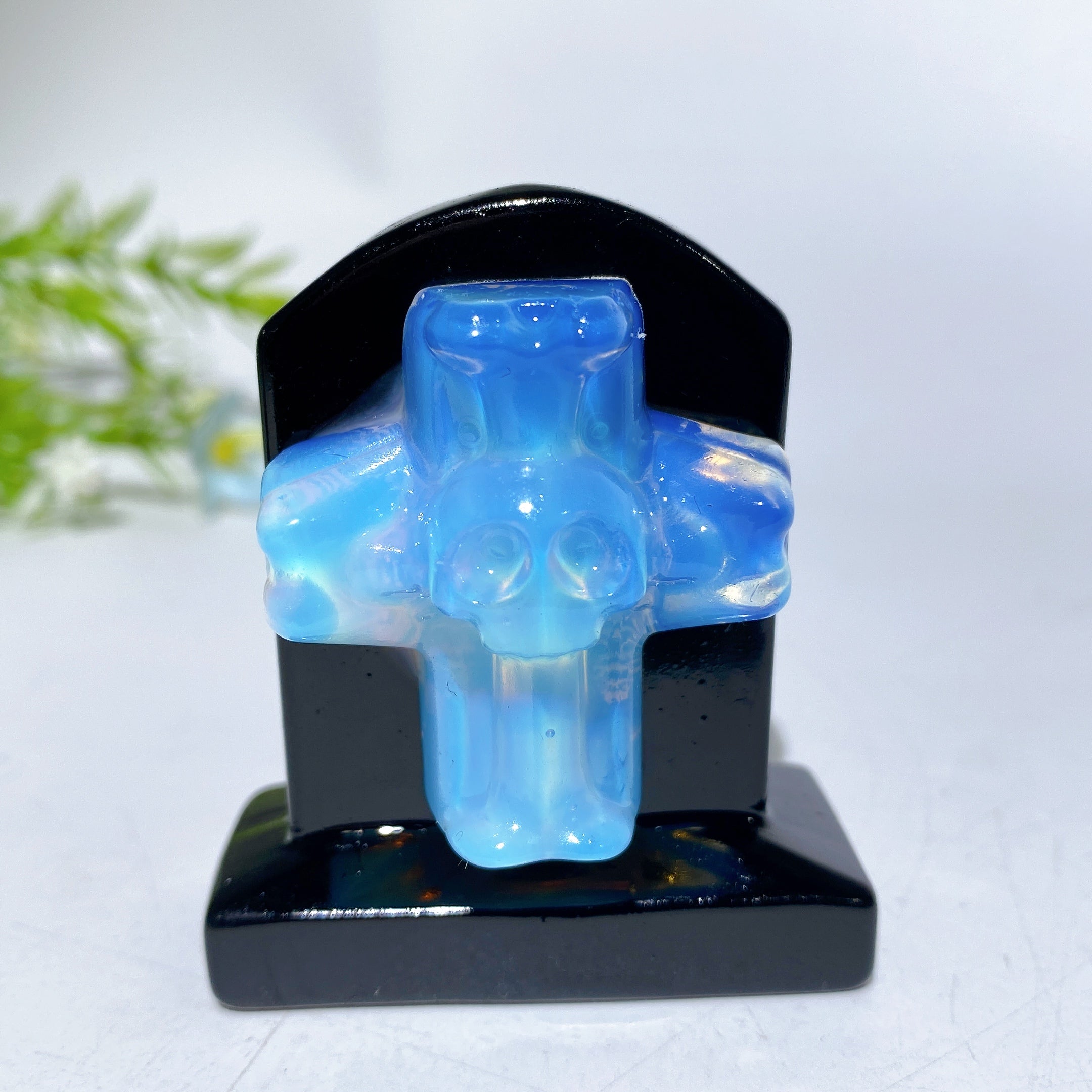 2.3-inch Black Obsidian Tombstone Crystal Figurine with Cross Skull