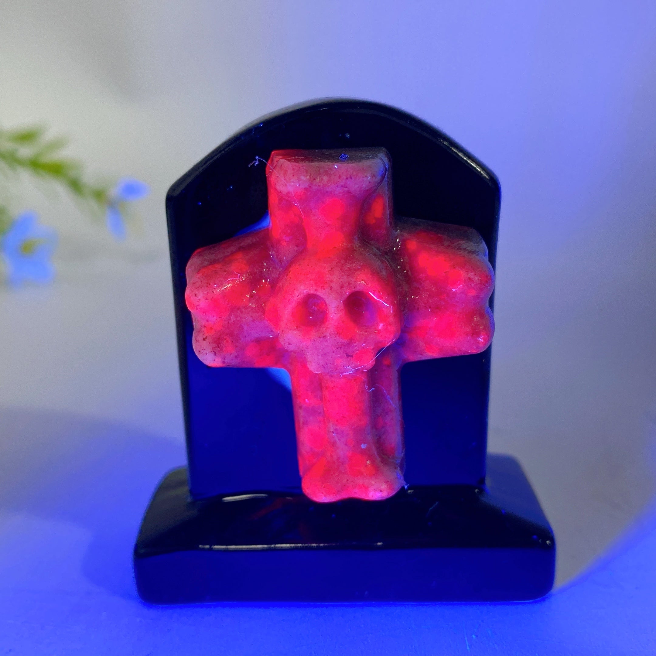 2.3-inch Black Obsidian Tombstone Crystal Figurine with Cross Skull
