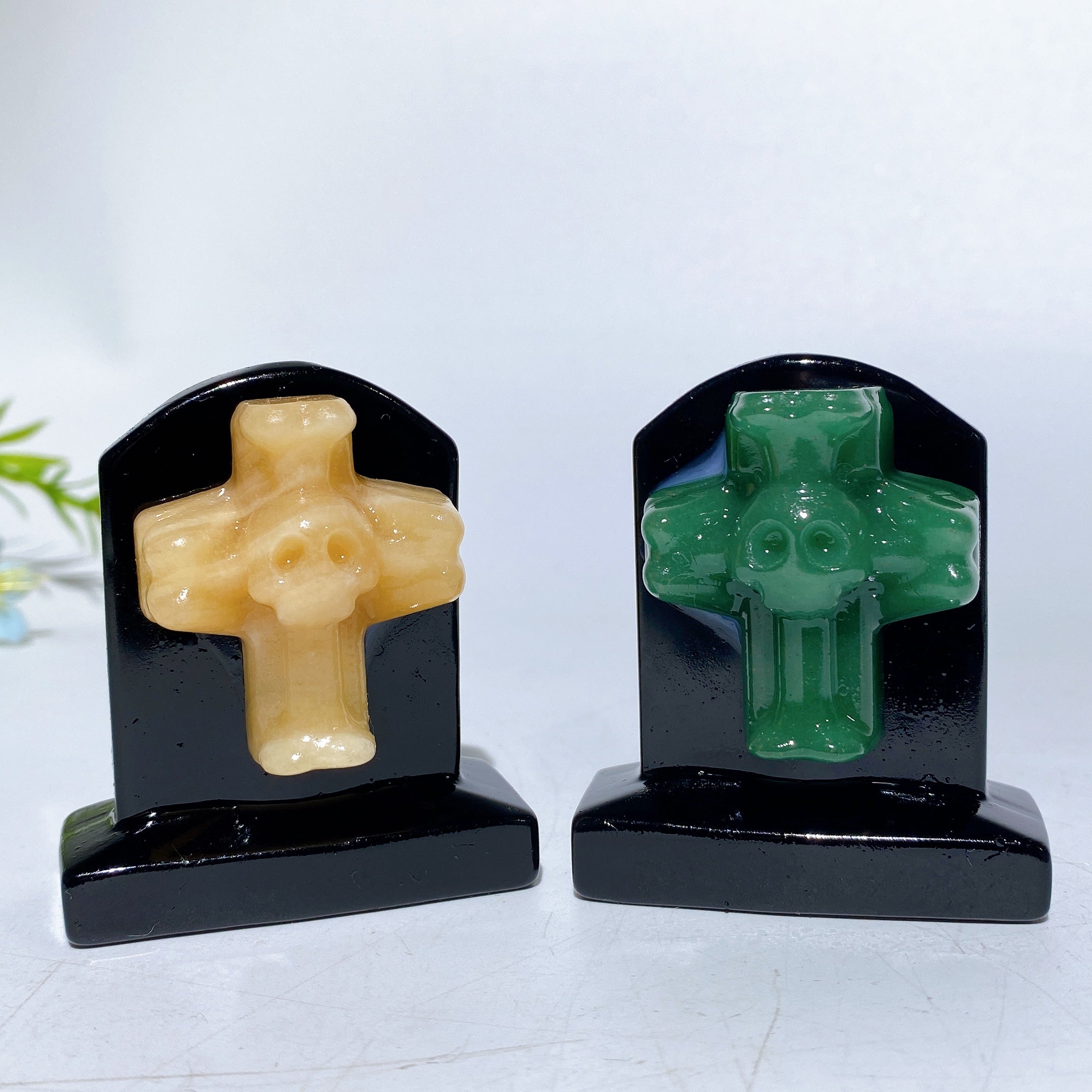 2.3-inch Black Obsidian Tombstone Crystal Figurine with Cross Skull