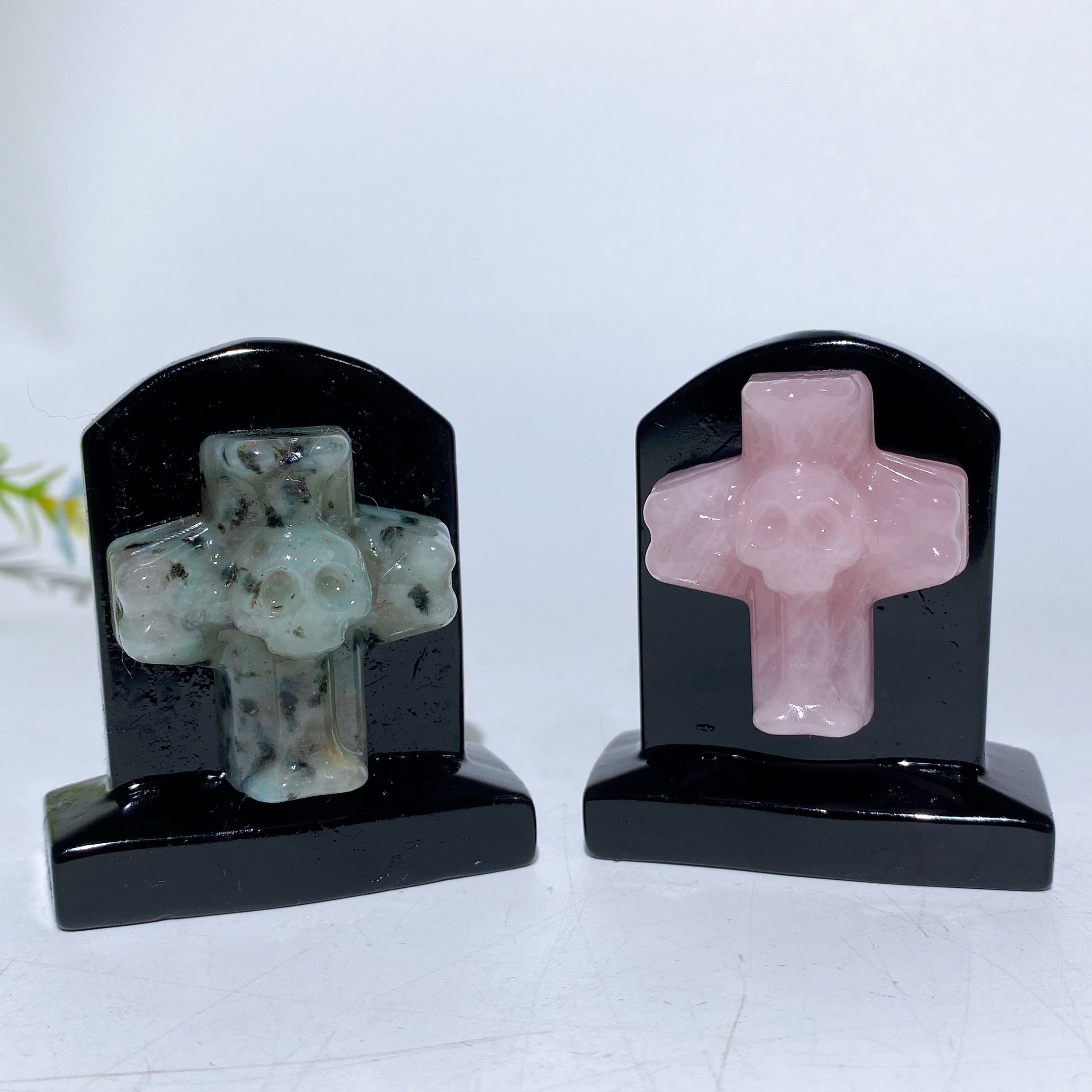 2.3-inch Black Obsidian Tombstone Crystal Figurine with Cross Skull