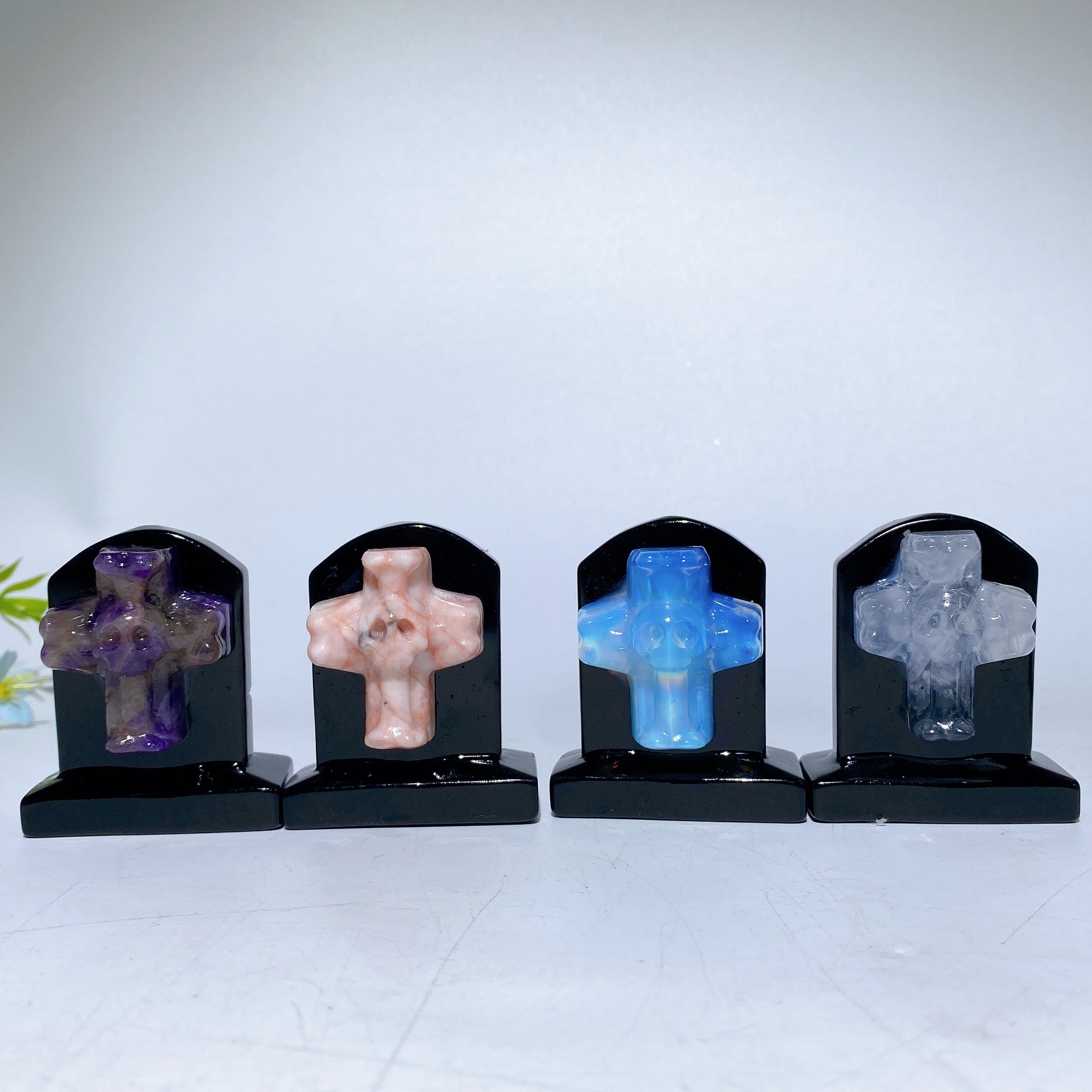 2.3-inch Black Obsidian Tombstone Crystal Figurine with Cross Skull