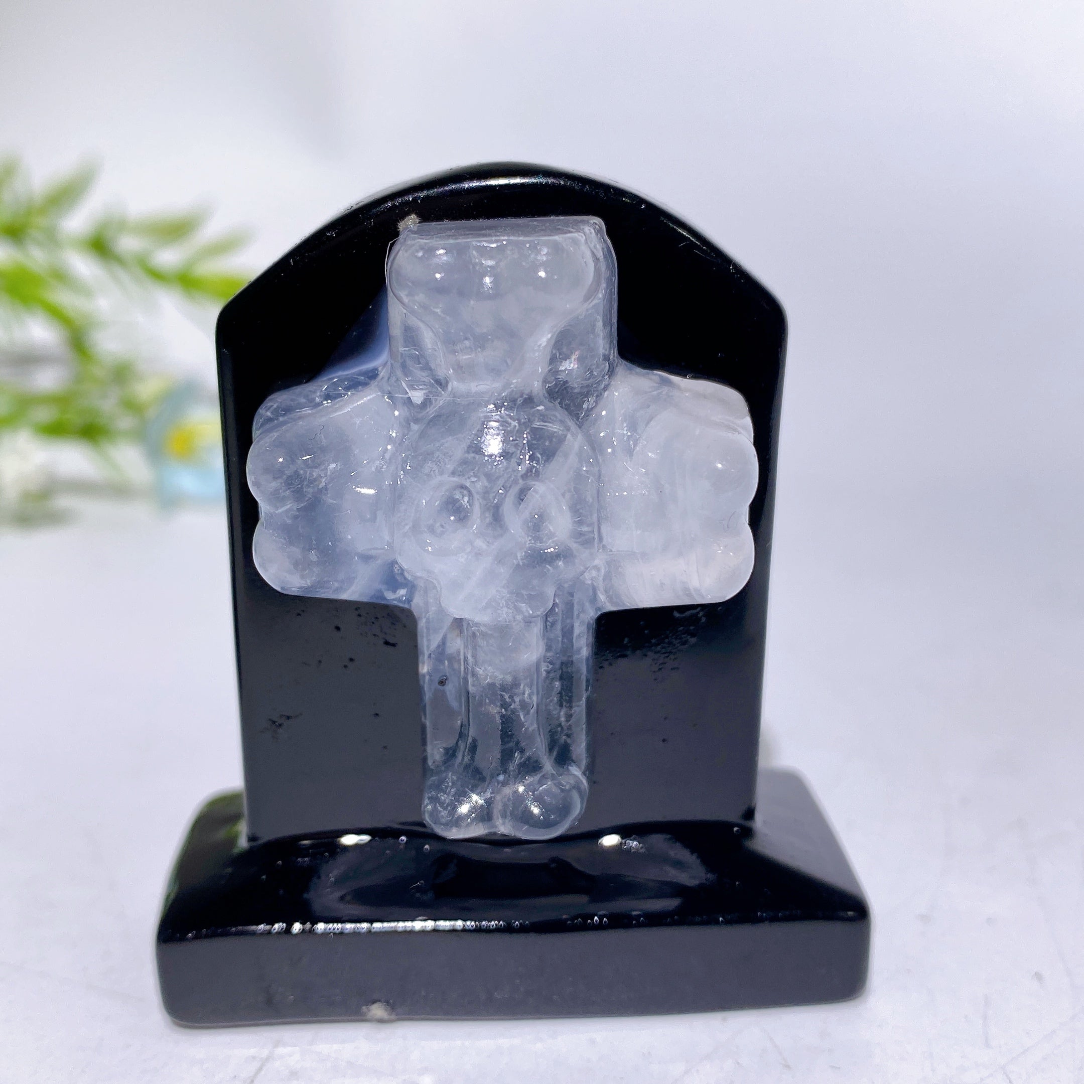2.3-inch Black Obsidian Tombstone Crystal Figurine with Cross Skull