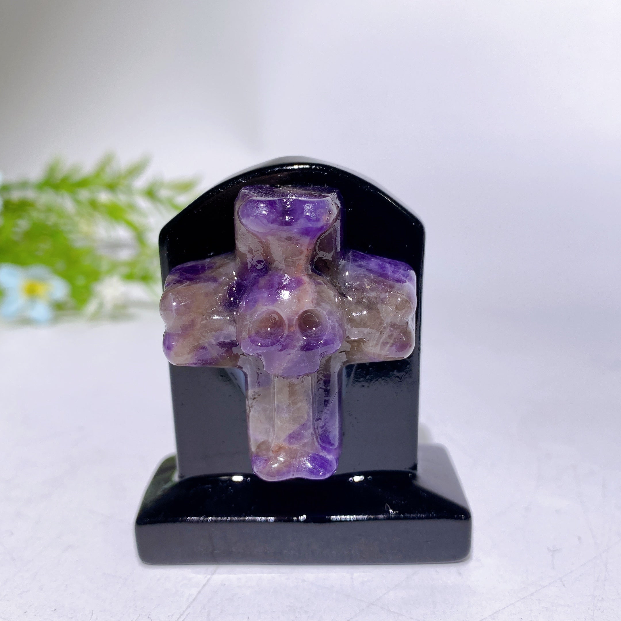 2.3-inch Black Obsidian Tombstone Crystal Figurine with Cross Skull