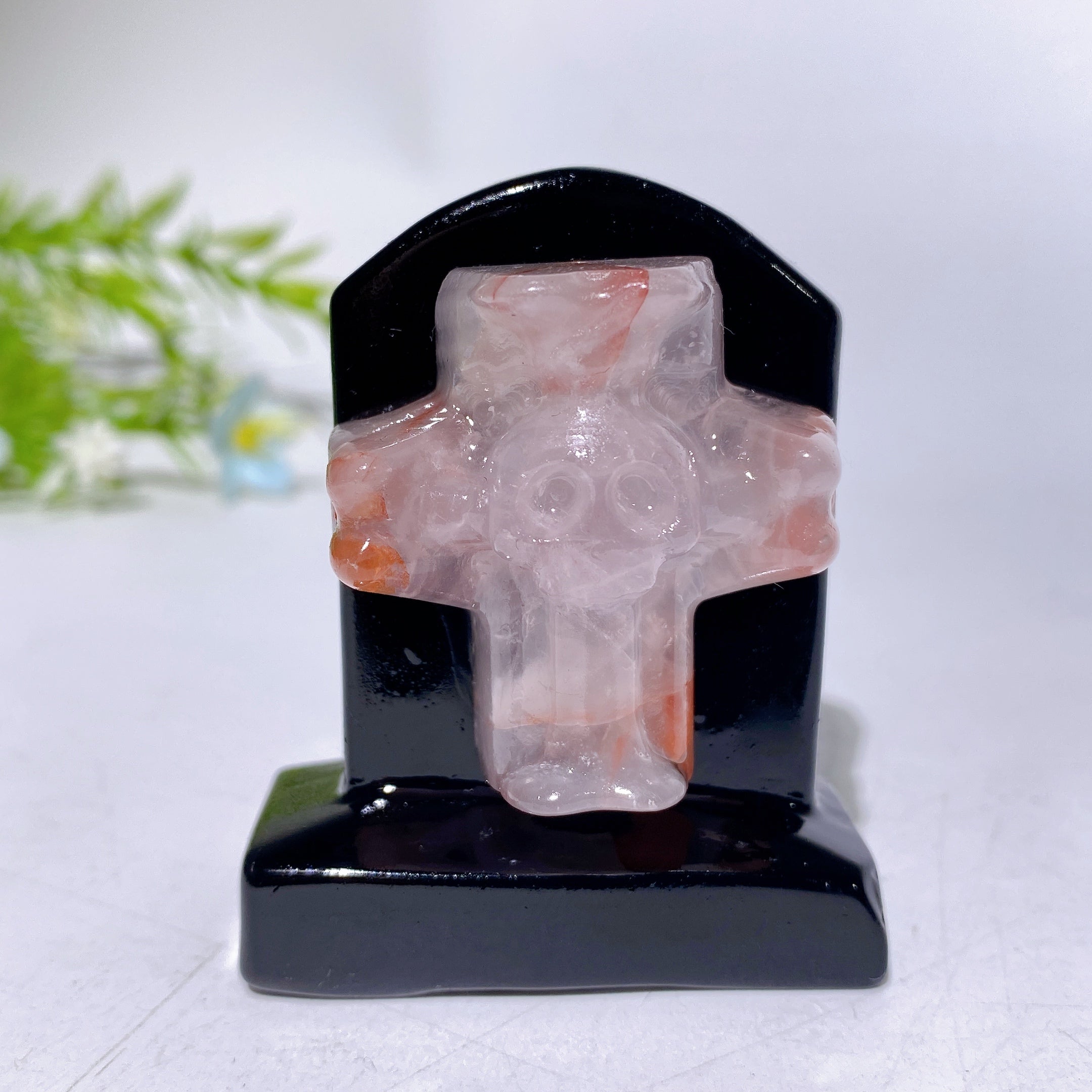2.3-inch Black Obsidian Tombstone Crystal Figurine with Cross Skull