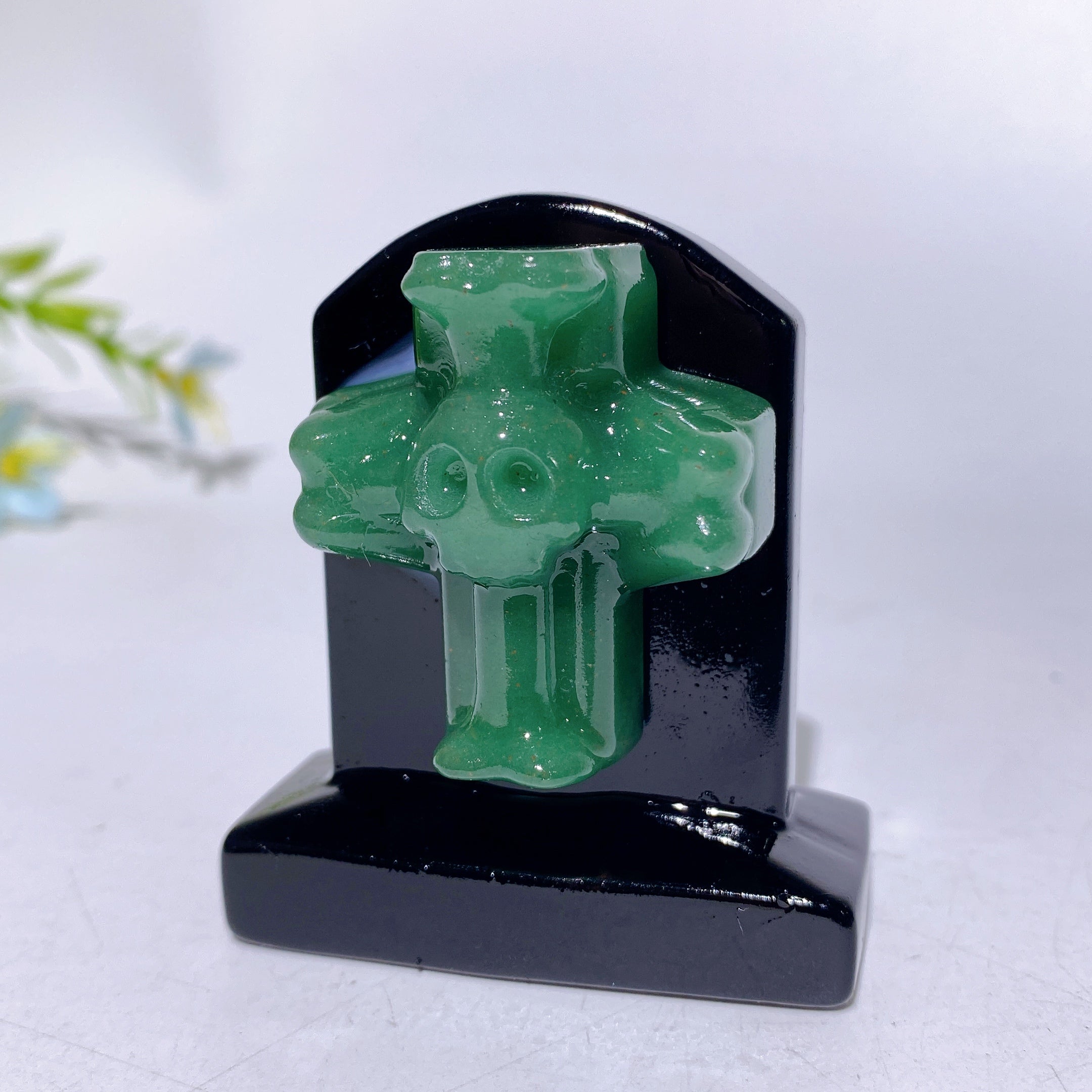 2.3-inch Black Obsidian Tombstone Crystal Figurine with Cross Skull