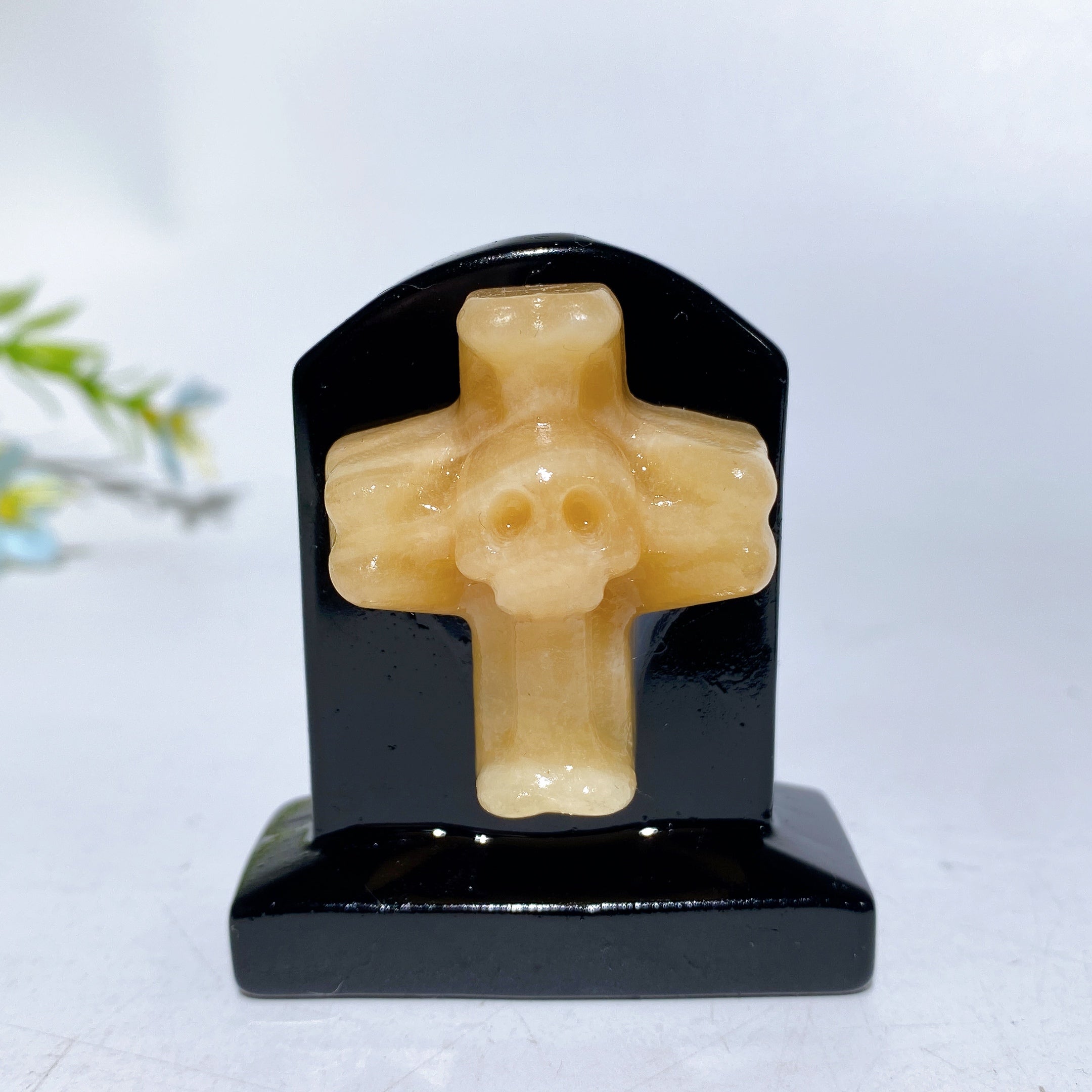 2.3-inch Black Obsidian Tombstone Crystal Figurine with Cross Skull