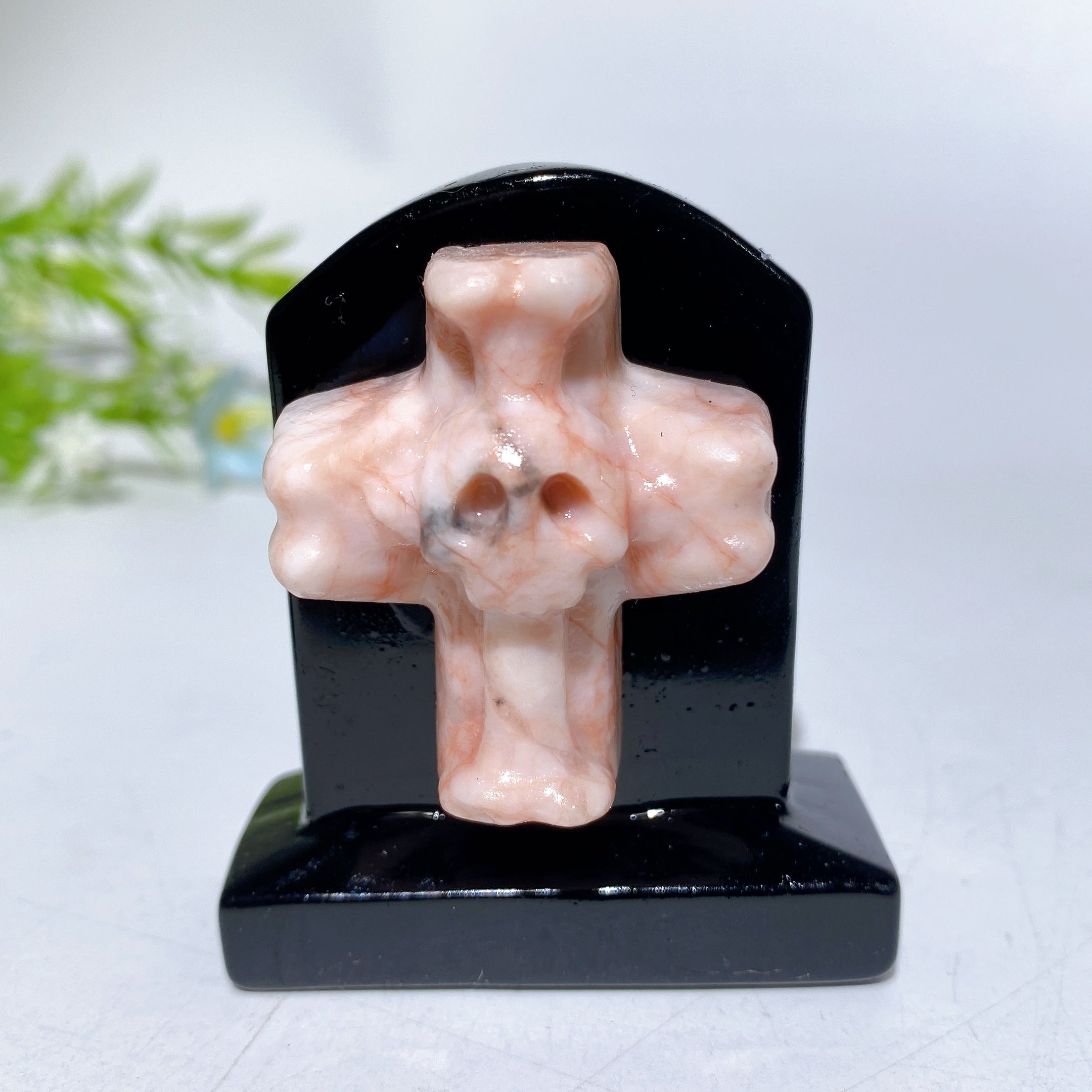2.3-inch Black Obsidian Tombstone Crystal Figurine with Cross Skull