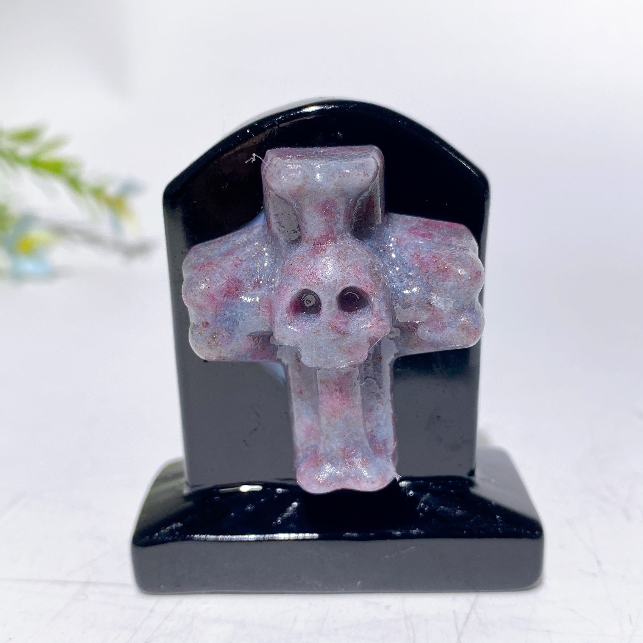 2.3-inch Black Obsidian Tombstone Crystal Figurine with Cross Skull