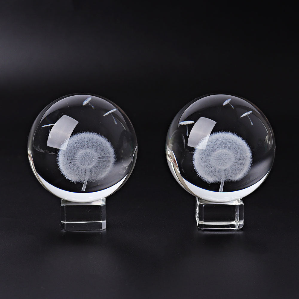 2.3 Inch Glass Crystal Sphere with Dandelion Carvings