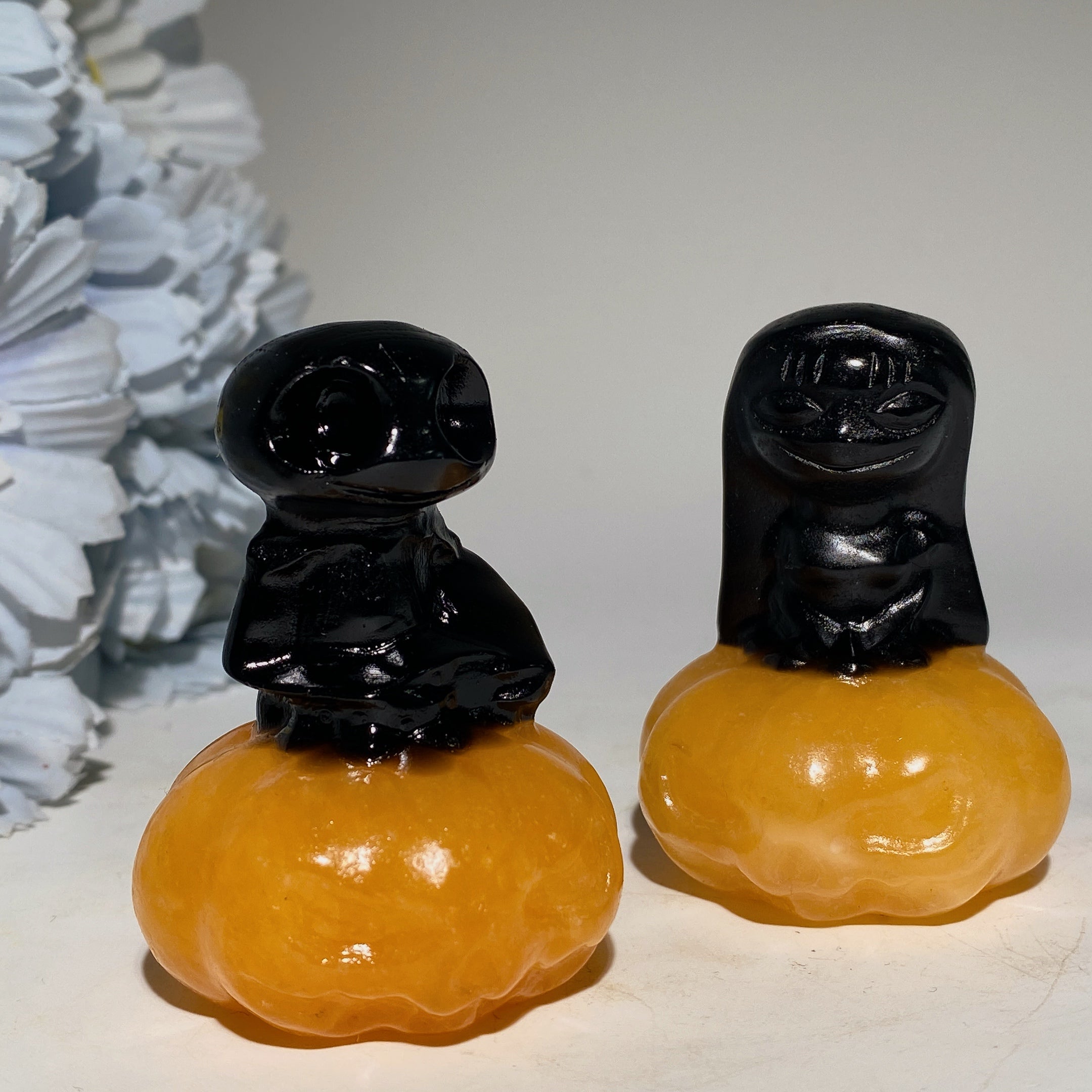 2.3-inch Jack Sally Crystal Figurines with Orange Calcite Pumpkin