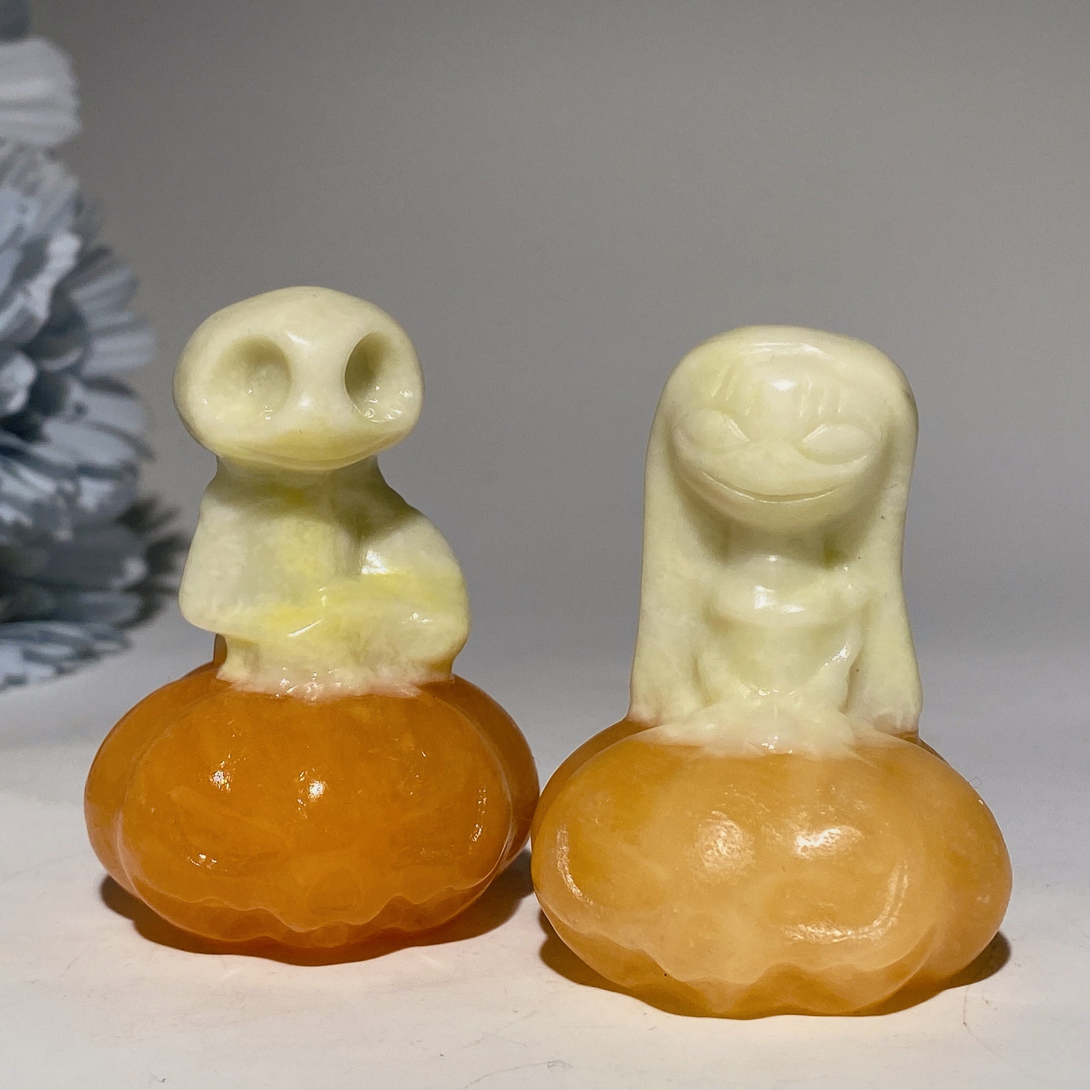 2.3-inch Jack Sally Crystal Figurines with Orange Calcite Pumpkin