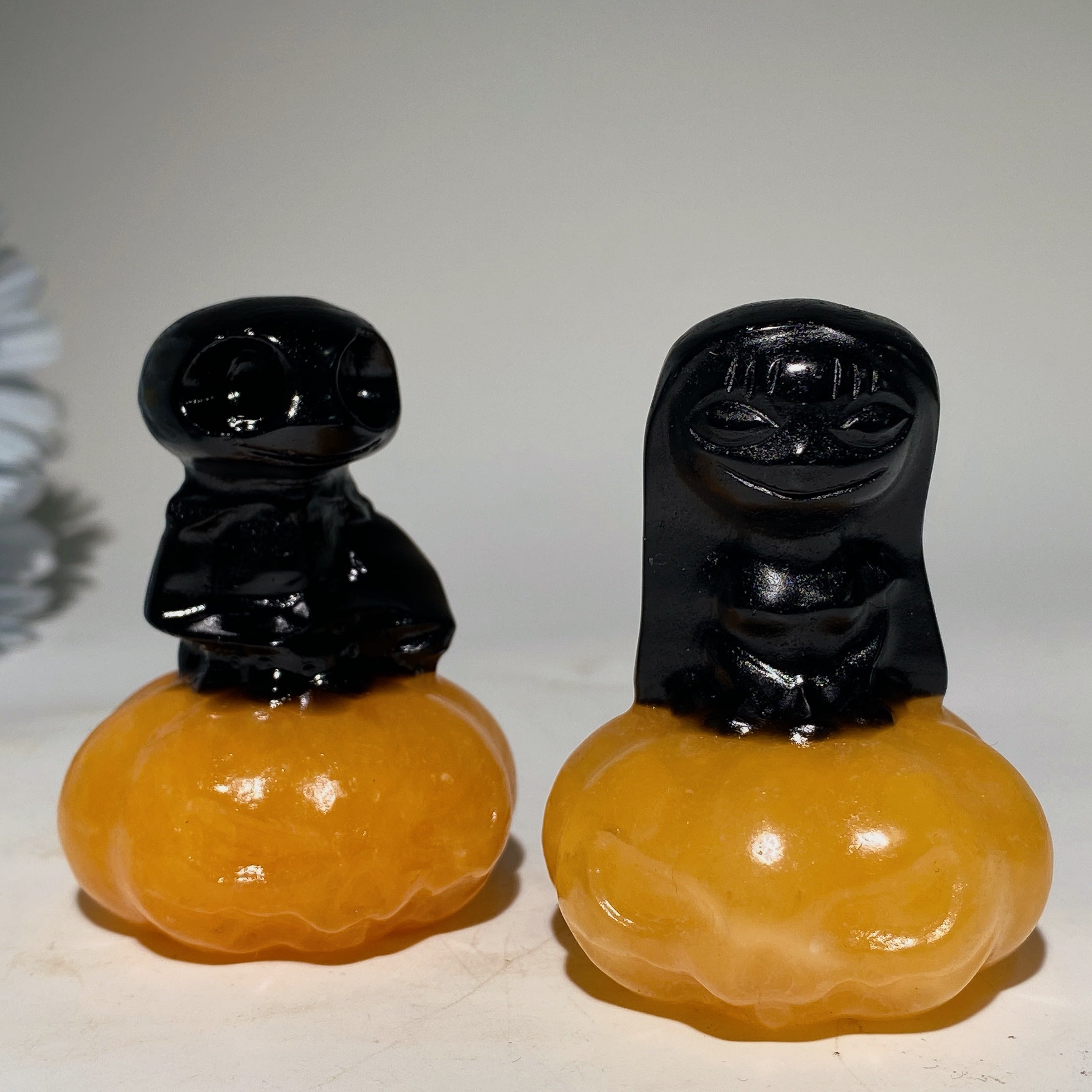2.3-inch Jack Sally Crystal Figurines with Orange Calcite Pumpkin