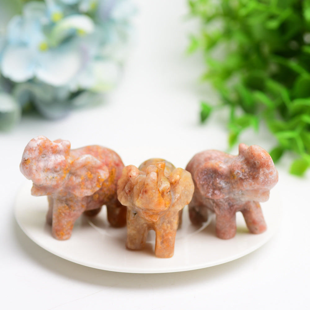 2.3 inch Pink Flower Agate Crystal Elephant Carving