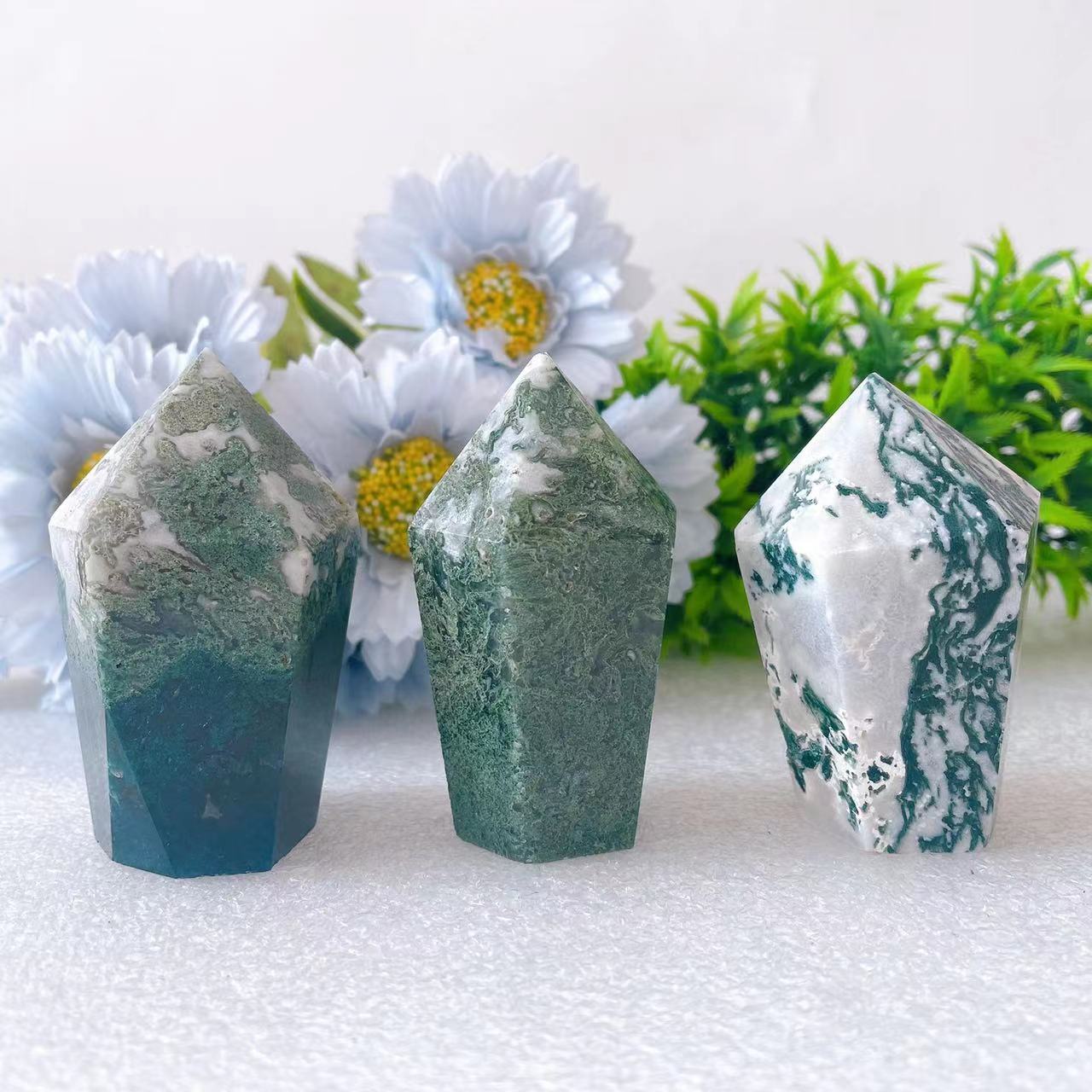 2.5-2.8in Moss Agate Hexagonal Healing Crystal Point