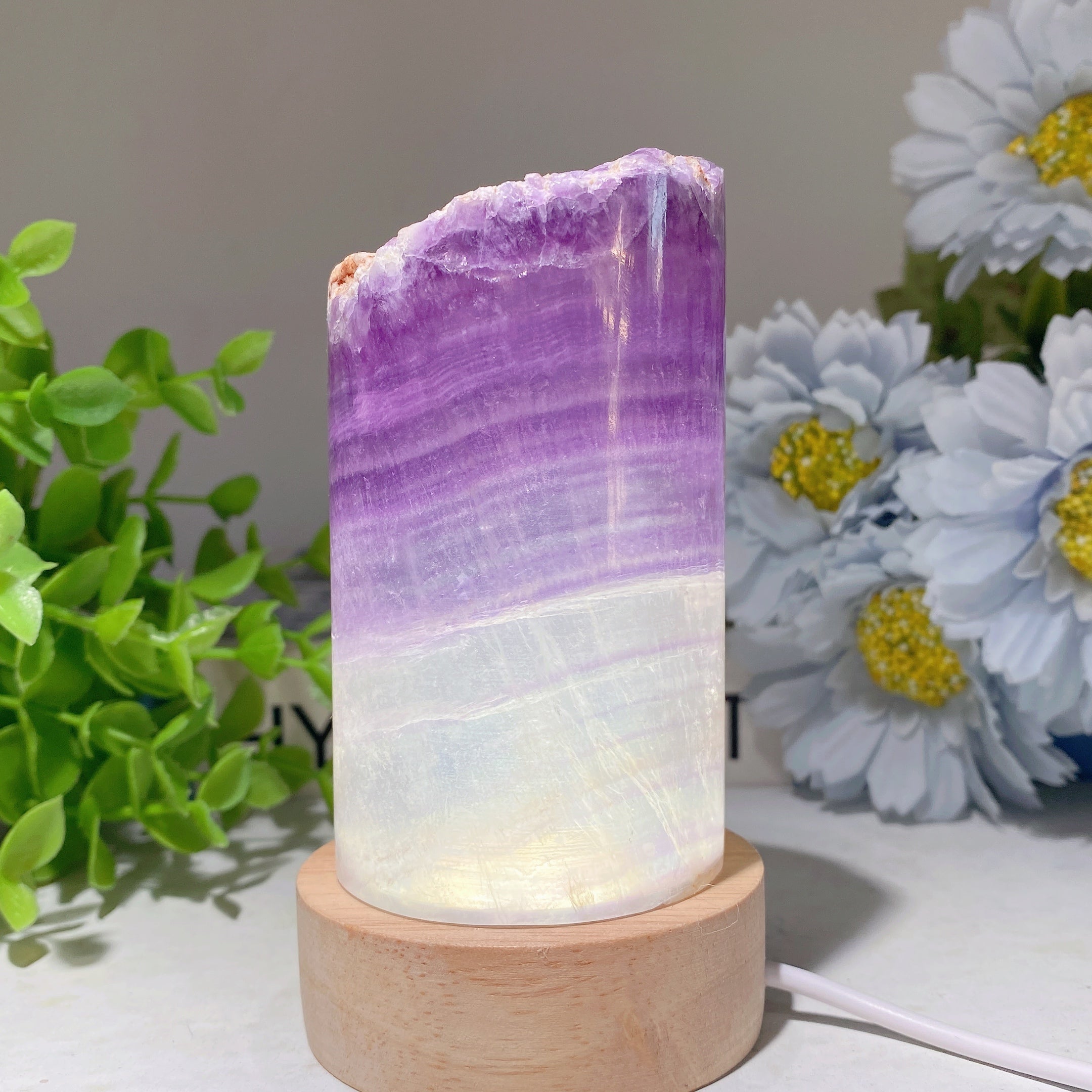 2.5-5" Fluorite Crystal Cylinder Lamp with Wooden Base