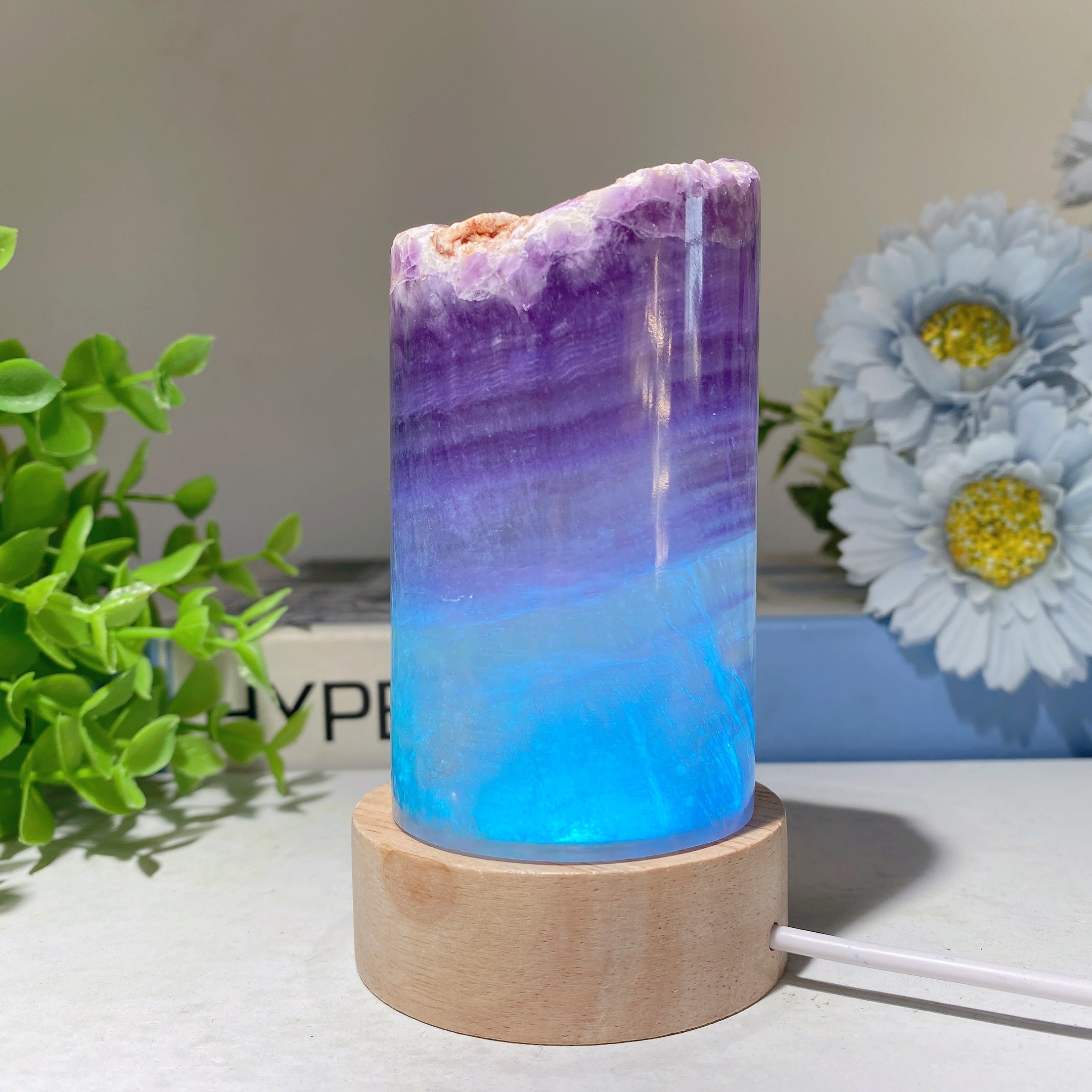 2.5-5" Fluorite Crystal Cylinder Lamp with Wooden Base