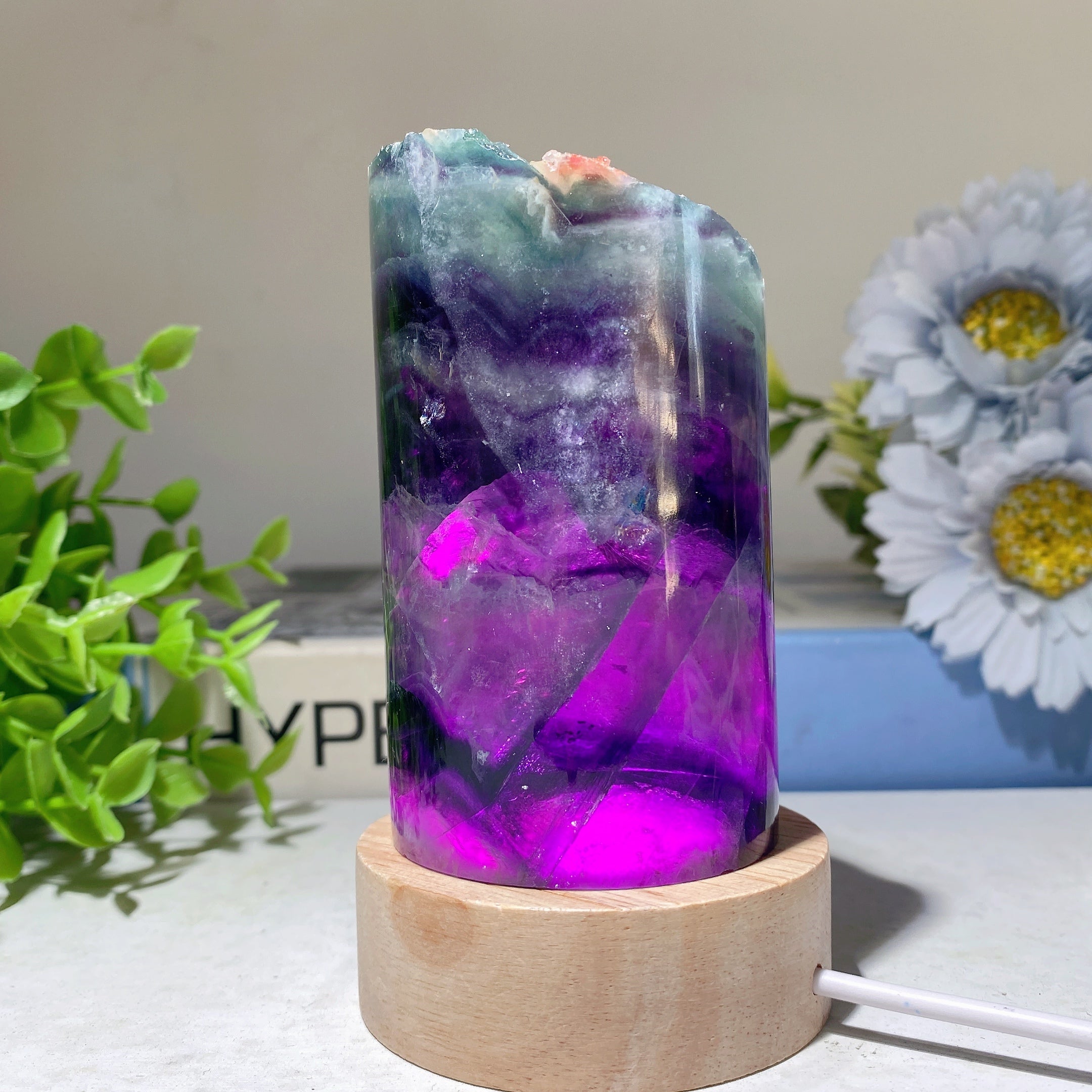 2.5-5" Fluorite Crystal Cylinder Lamp with Wooden Base