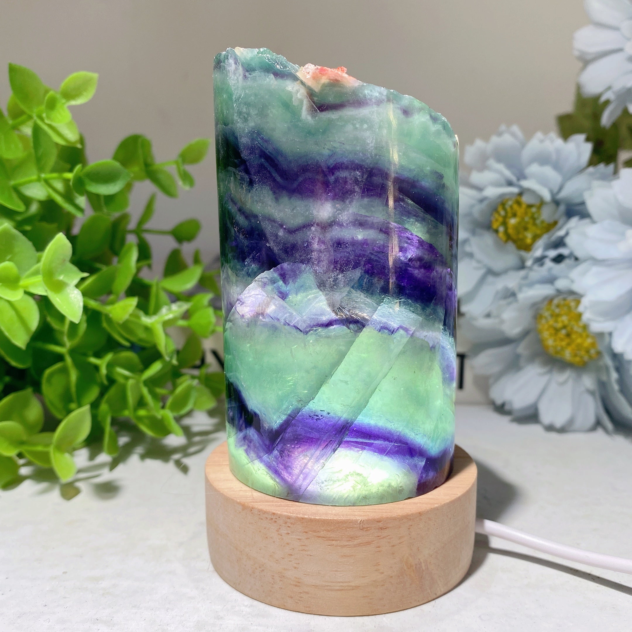 2.5-5" Fluorite Crystal Cylinder Lamp with Wooden Base