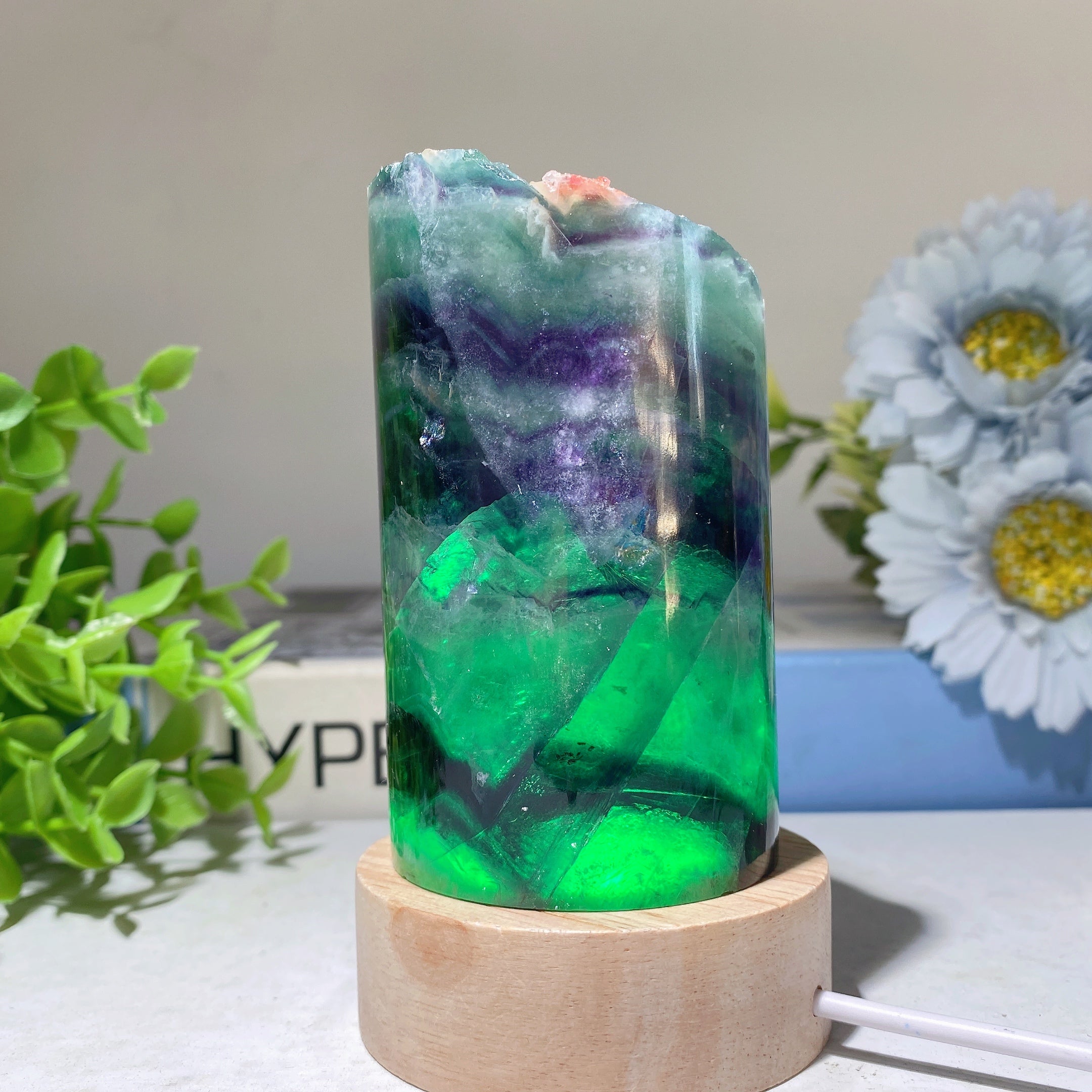 2.5-5" Fluorite Crystal Cylinder Lamp with Wooden Base