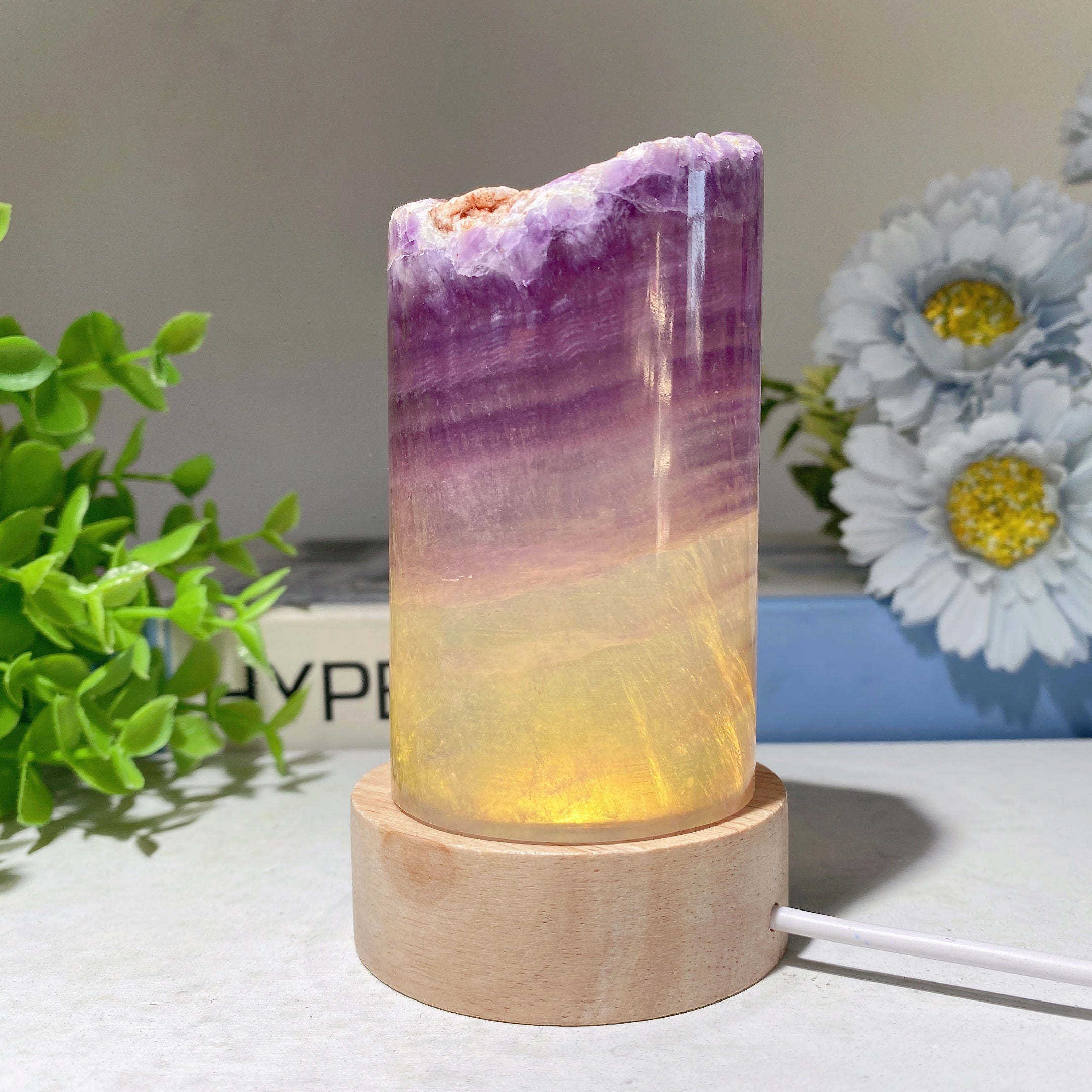 2.5-5" Fluorite Crystal Cylinder Lamp with Wooden Base