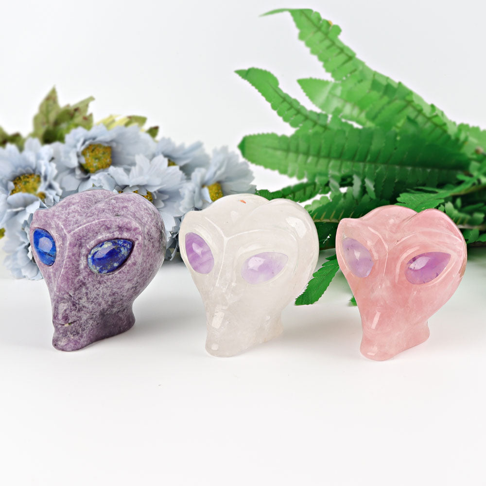 2.5 inch Crystal Alien Skull Carving in Rose Quartz & More
