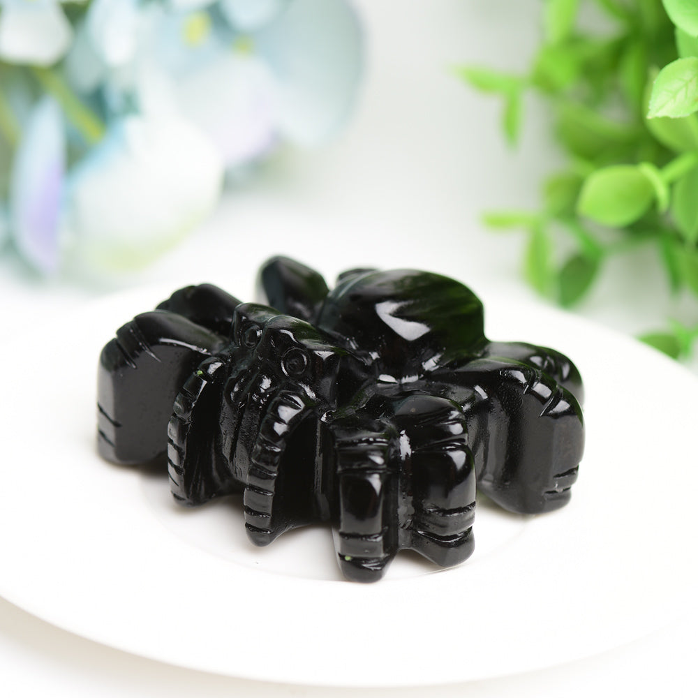 2.5 Inch Crystal Spider Carving in Fluorite and Obsidian