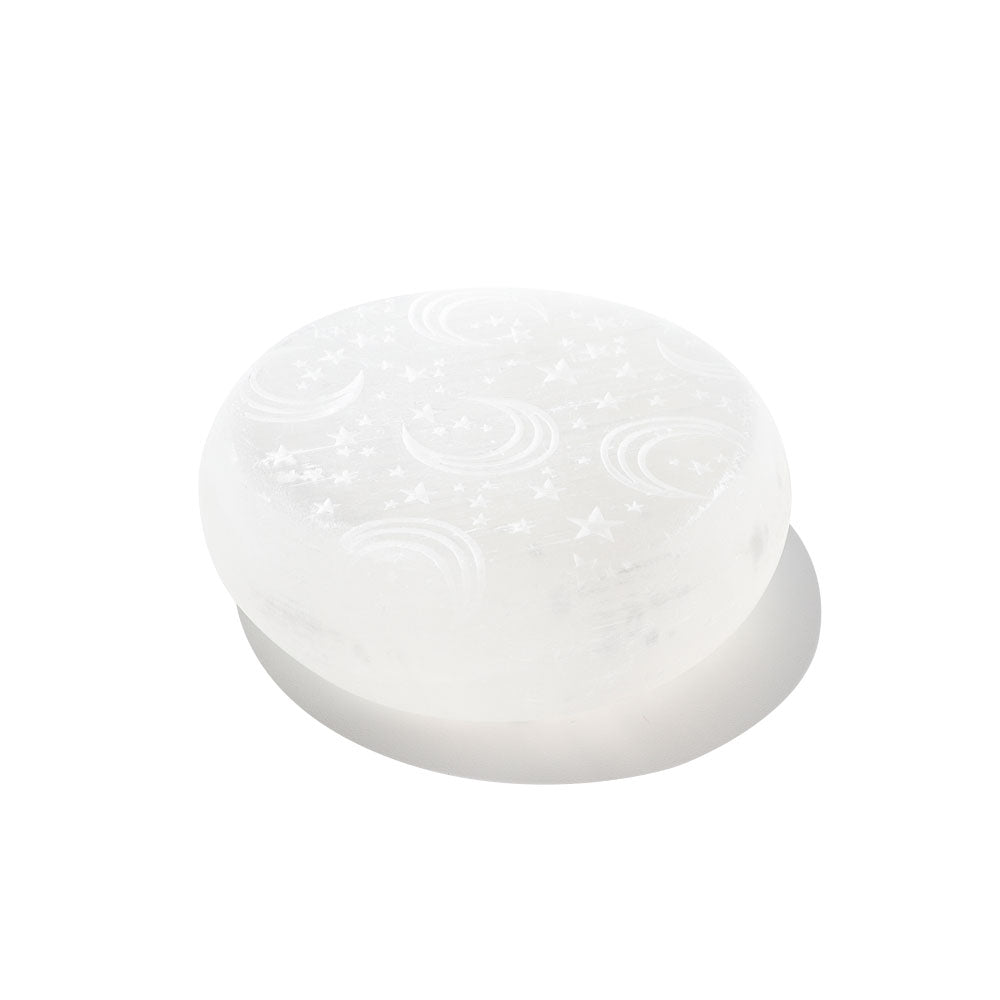 2.5 Inch Laser Engraved Selenite Palm Stone for Meditation