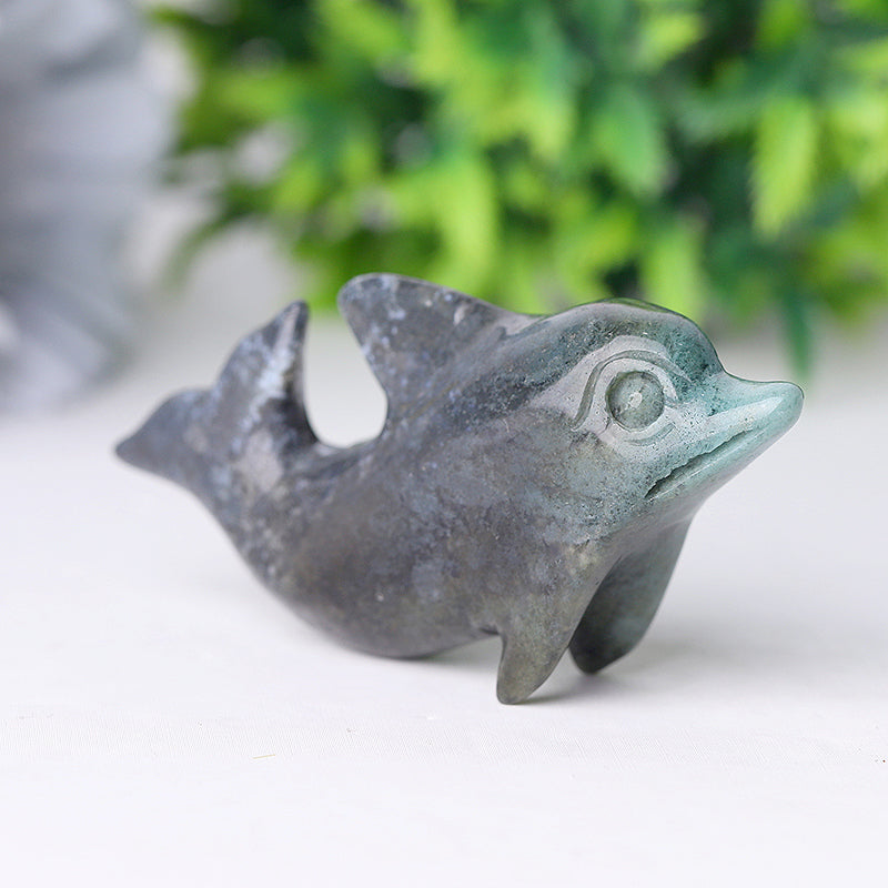 2.5 Inch Moss Agate Crystal Dolphin Figurine for Healing