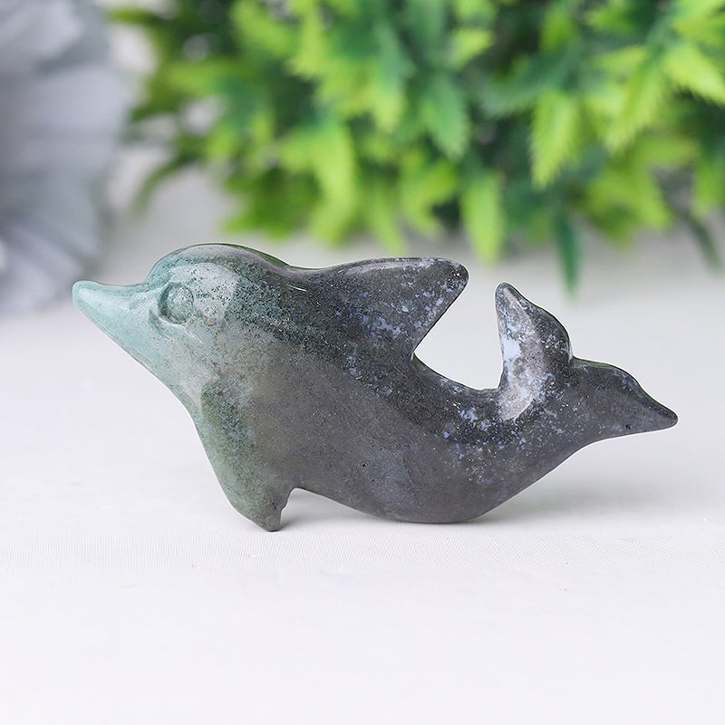 2.5 Inch Moss Agate Crystal Dolphin Figurine for Healing