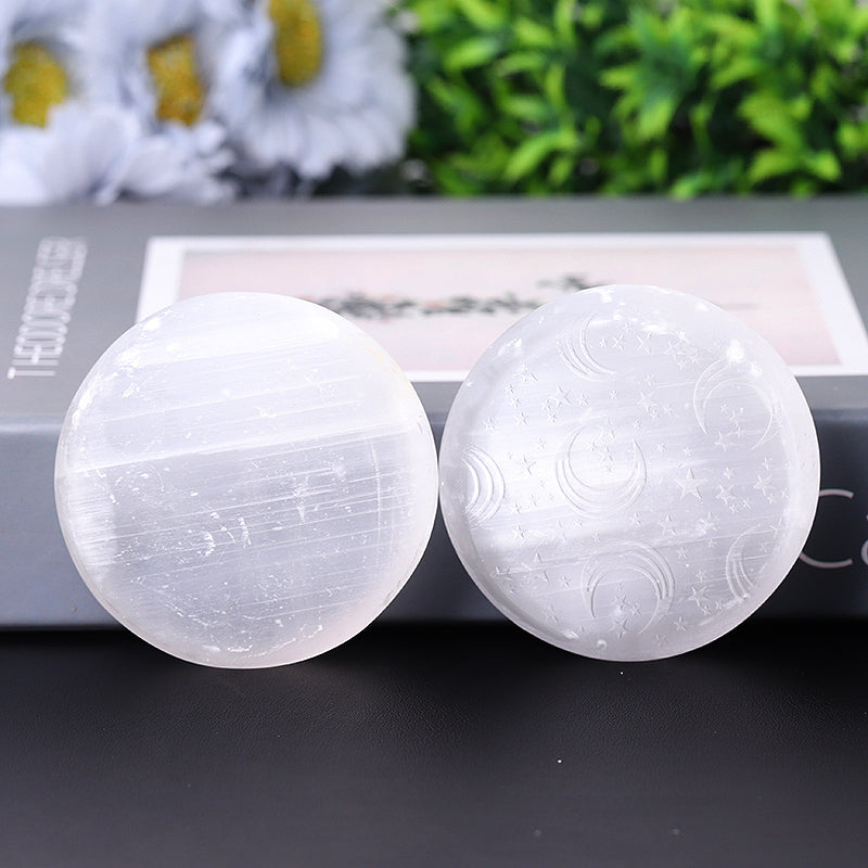 2.5" Selenite Palm Stone with Laser Carving Pattern