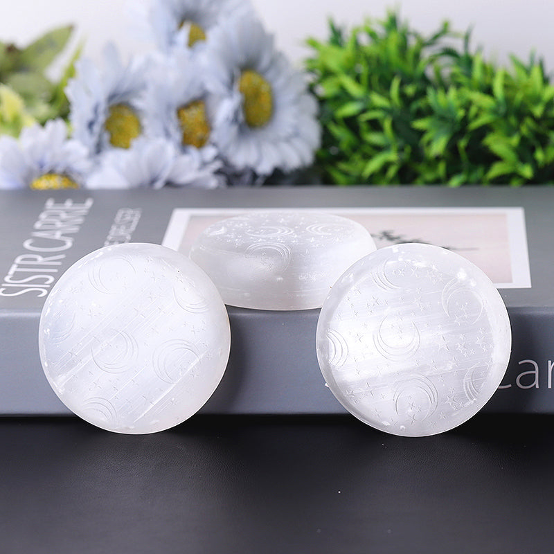 2.5" Selenite Palm Stone with Laser Carving Pattern