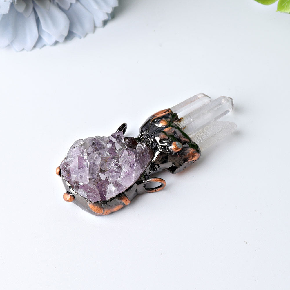 2.6 Inch Raw Amethyst Cluster Pendant with Clear Quartz