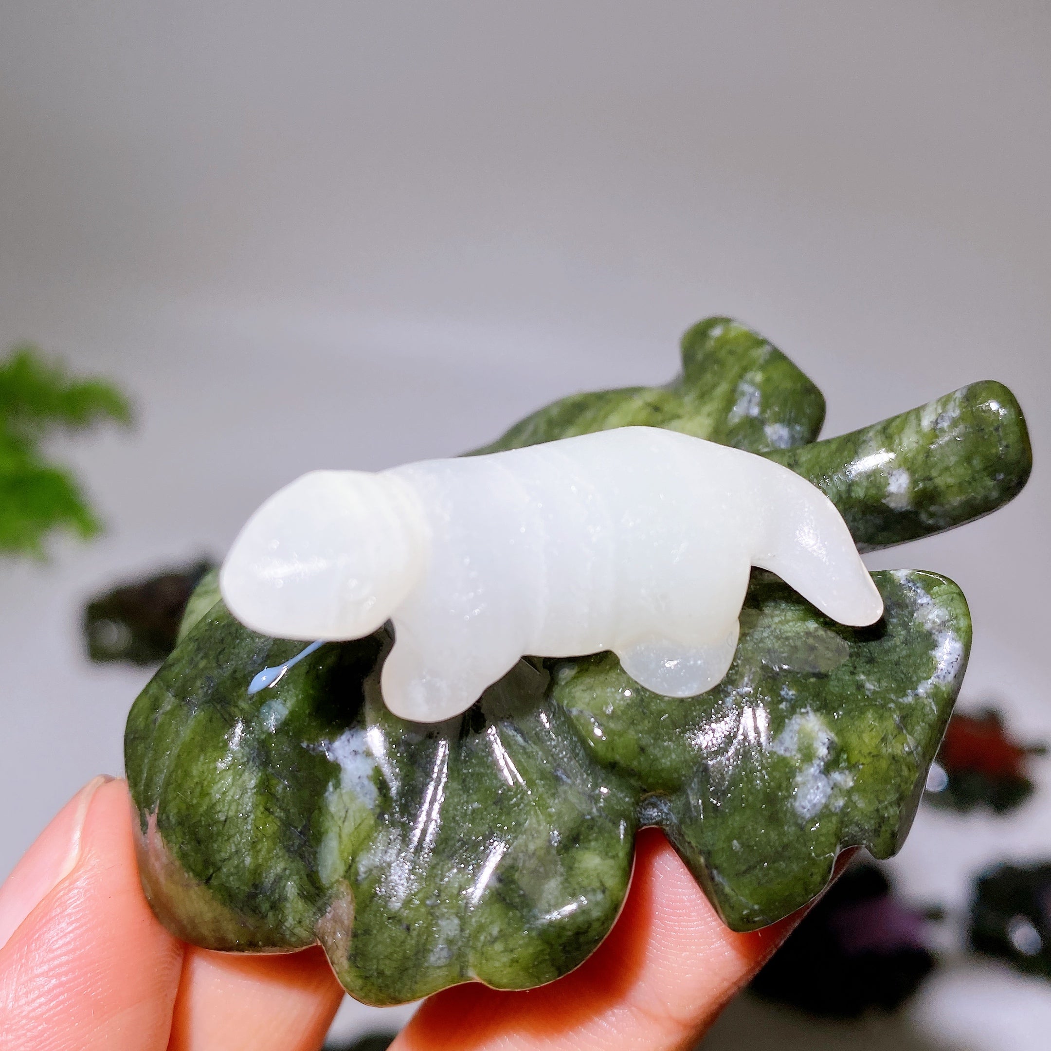 2.7" Crystal Dinosaur Figurine on Leaf Carving