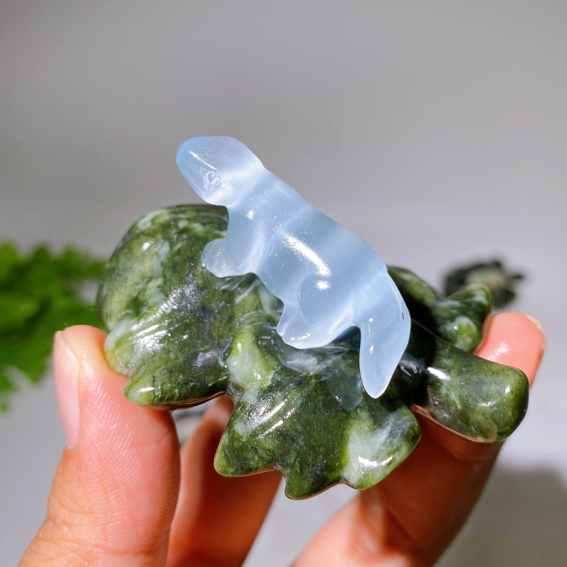 2.7" Crystal Dinosaur Figurine on Leaf Carving