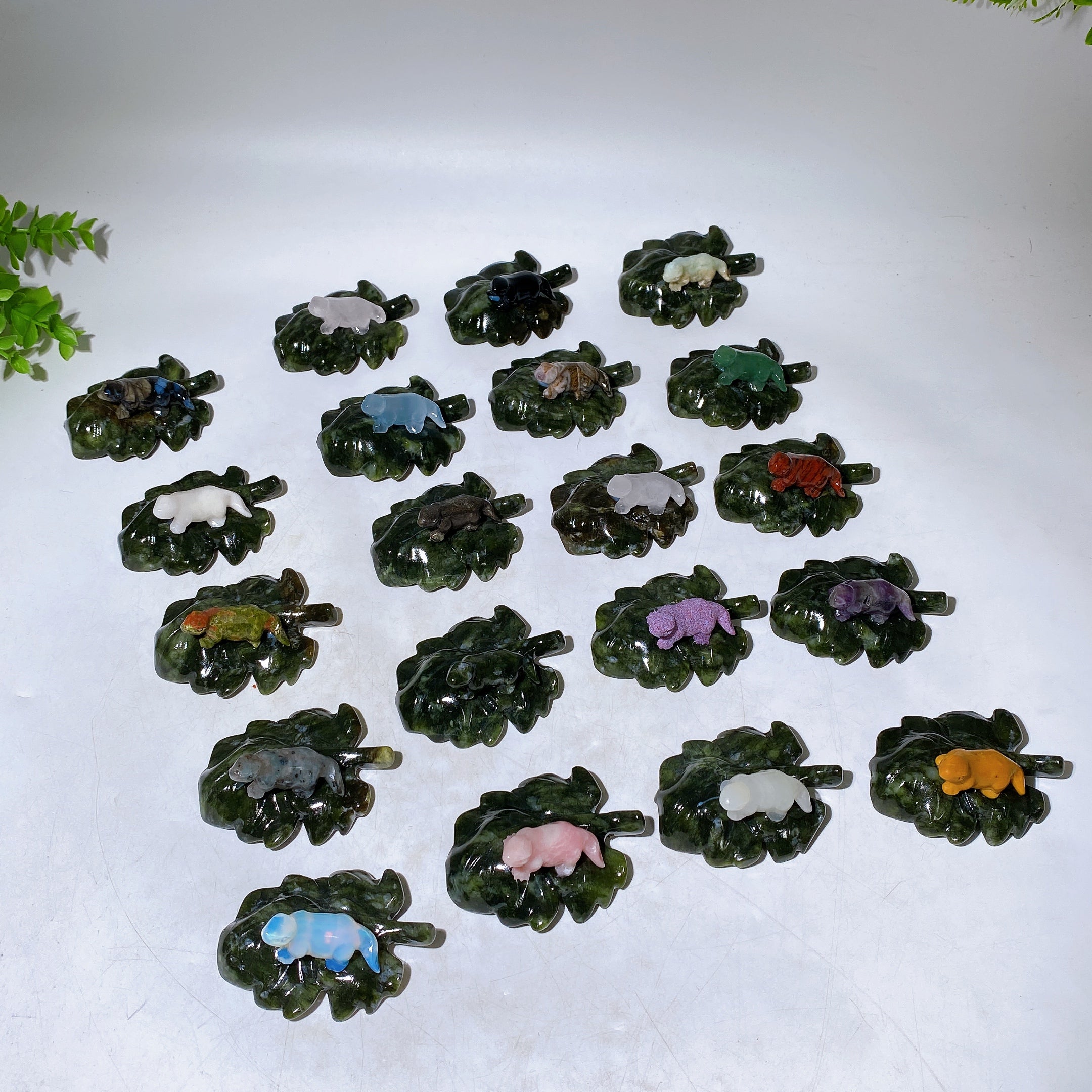 2.7" Crystal Dinosaur Figurine on Leaf Carving