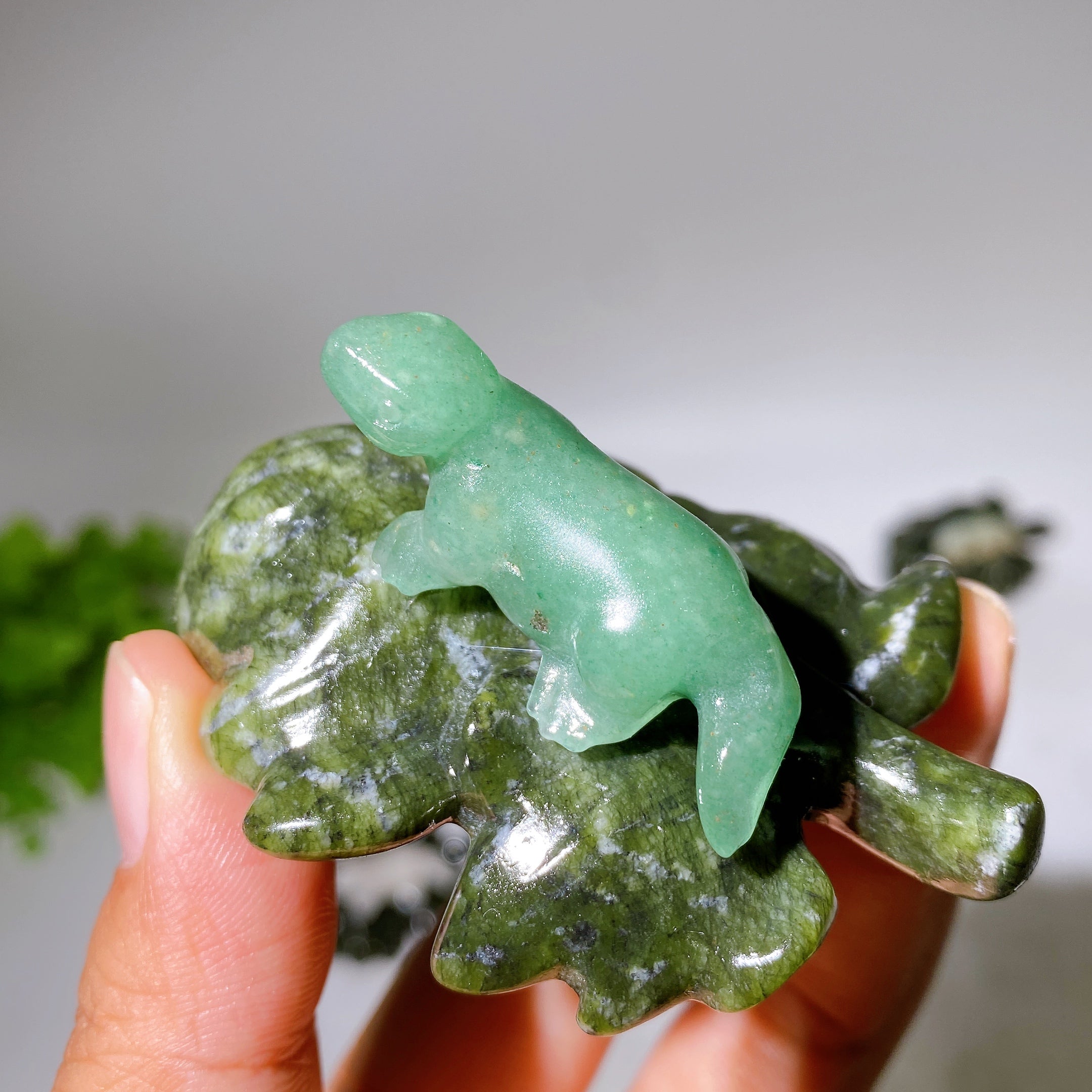 2.7" Crystal Dinosaur Figurine on Leaf Carving