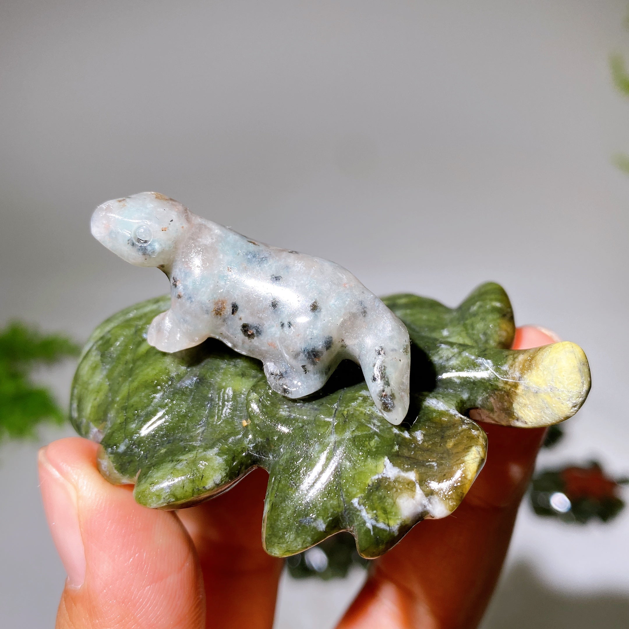 2.7" Crystal Dinosaur Figurine on Leaf Carving