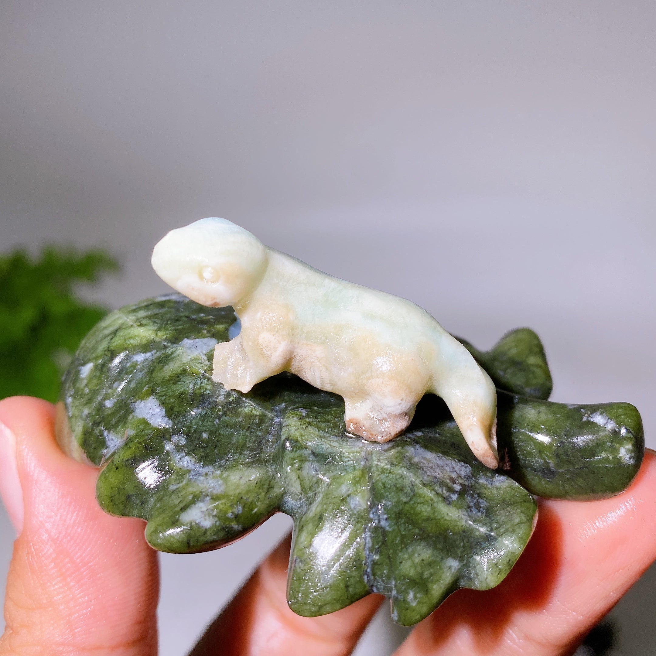 2.7" Crystal Dinosaur Figurine on Leaf Carving