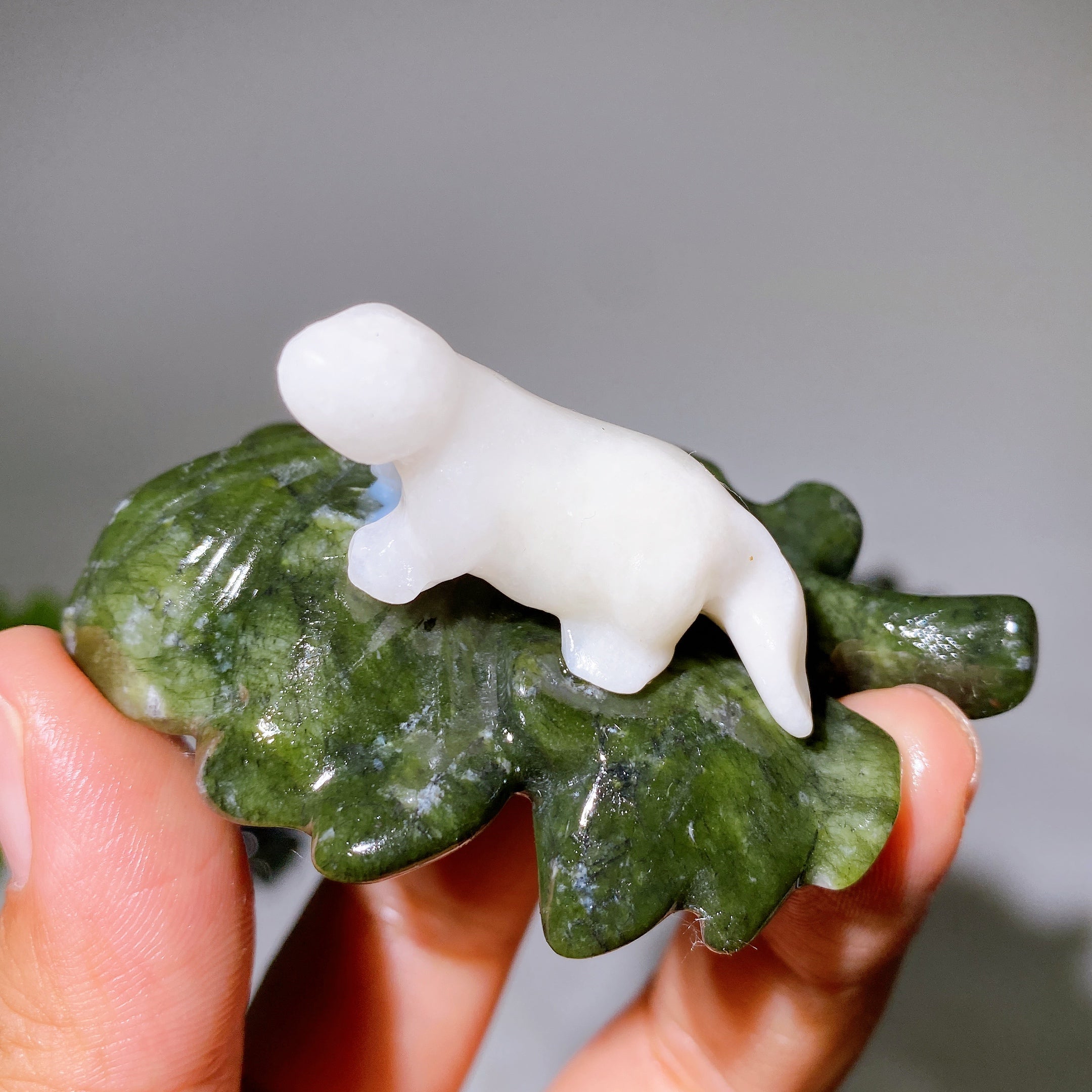 2.7" Crystal Dinosaur Figurine on Leaf Carving