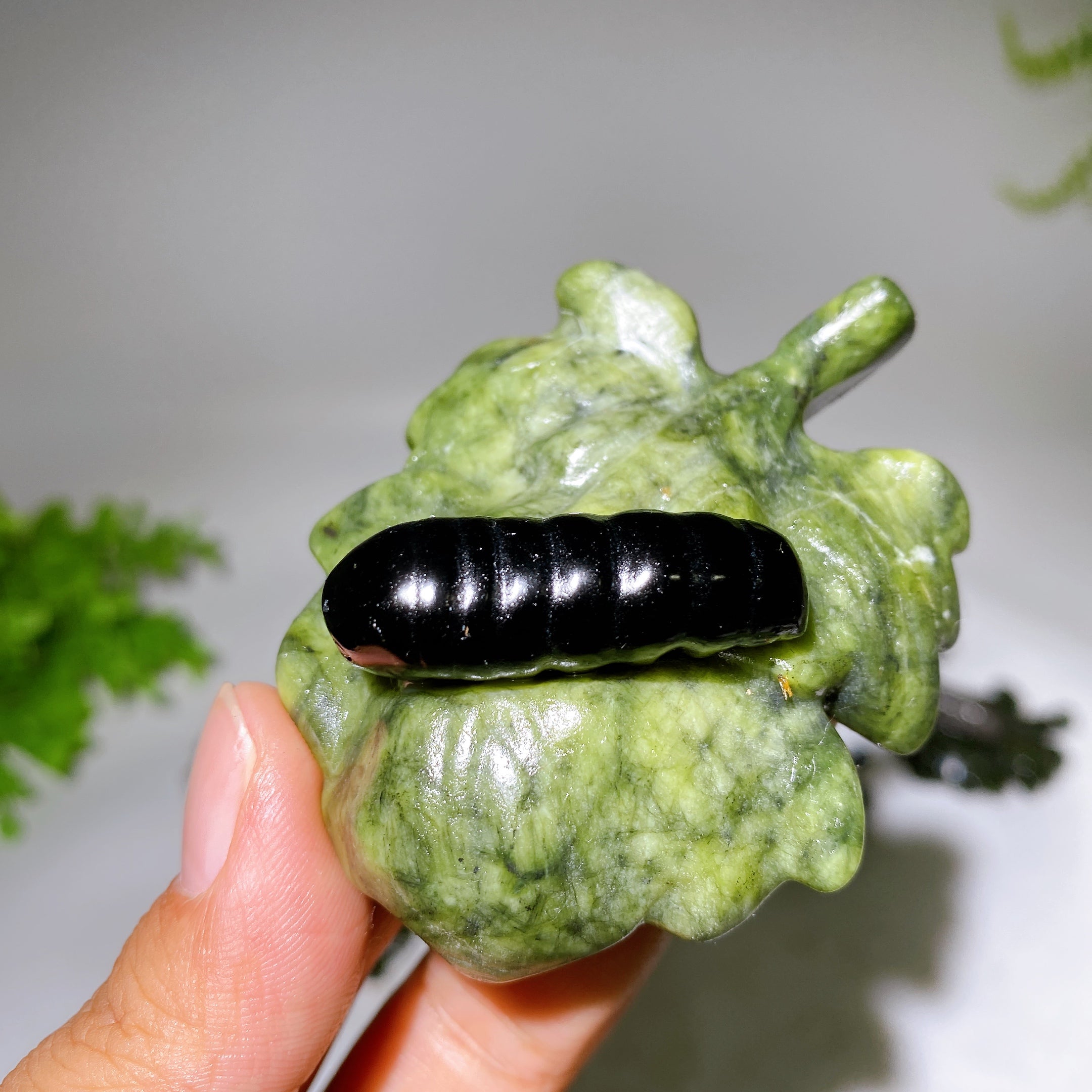 2.7 Inch Crystal Silkworm on Serpentine Leaf Figurine