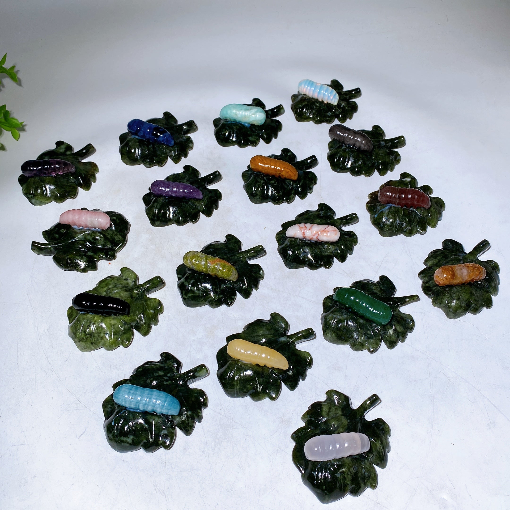 2.7 Inch Crystal Silkworm on Serpentine Leaf Figurine