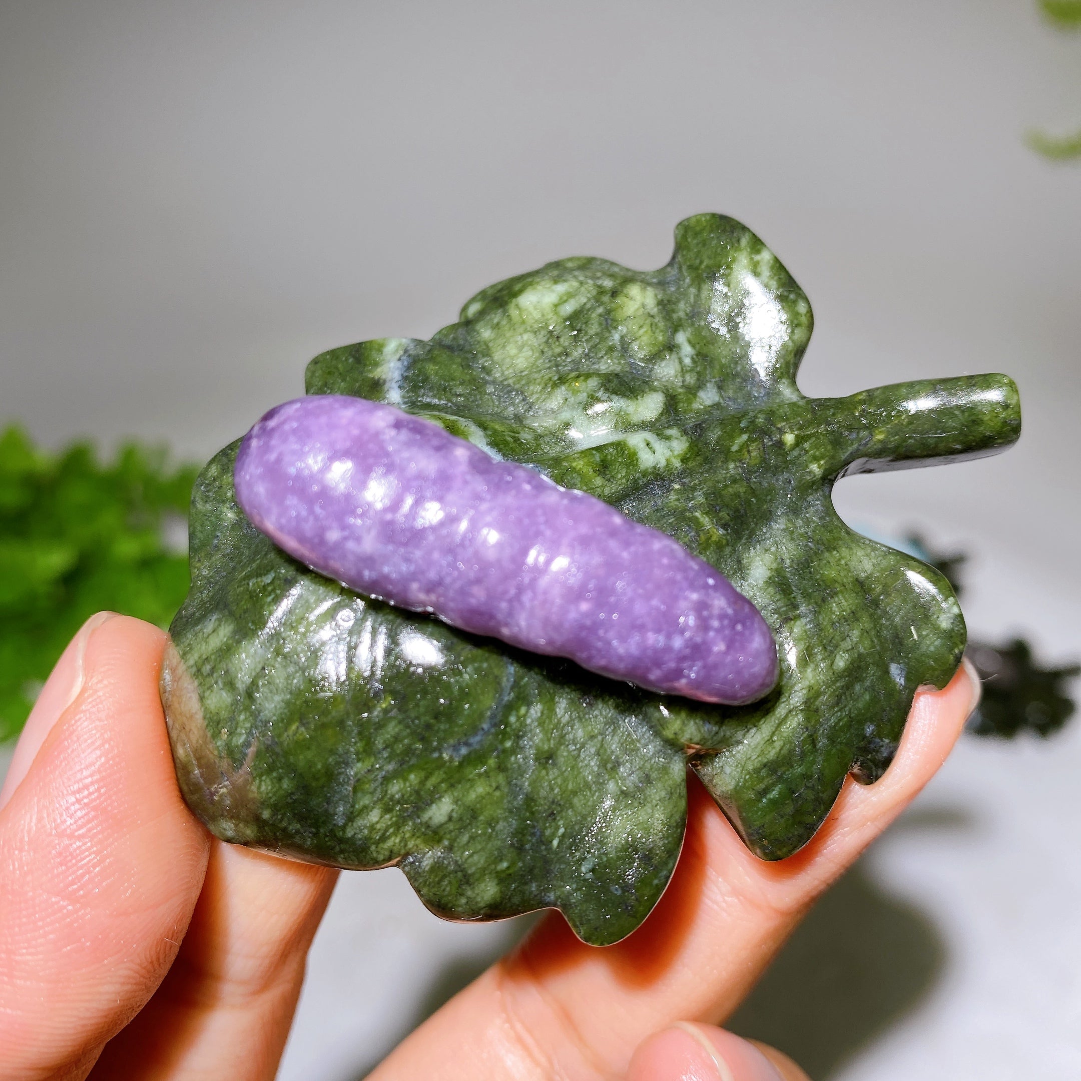 2.7 Inch Crystal Silkworm on Serpentine Leaf Figurine