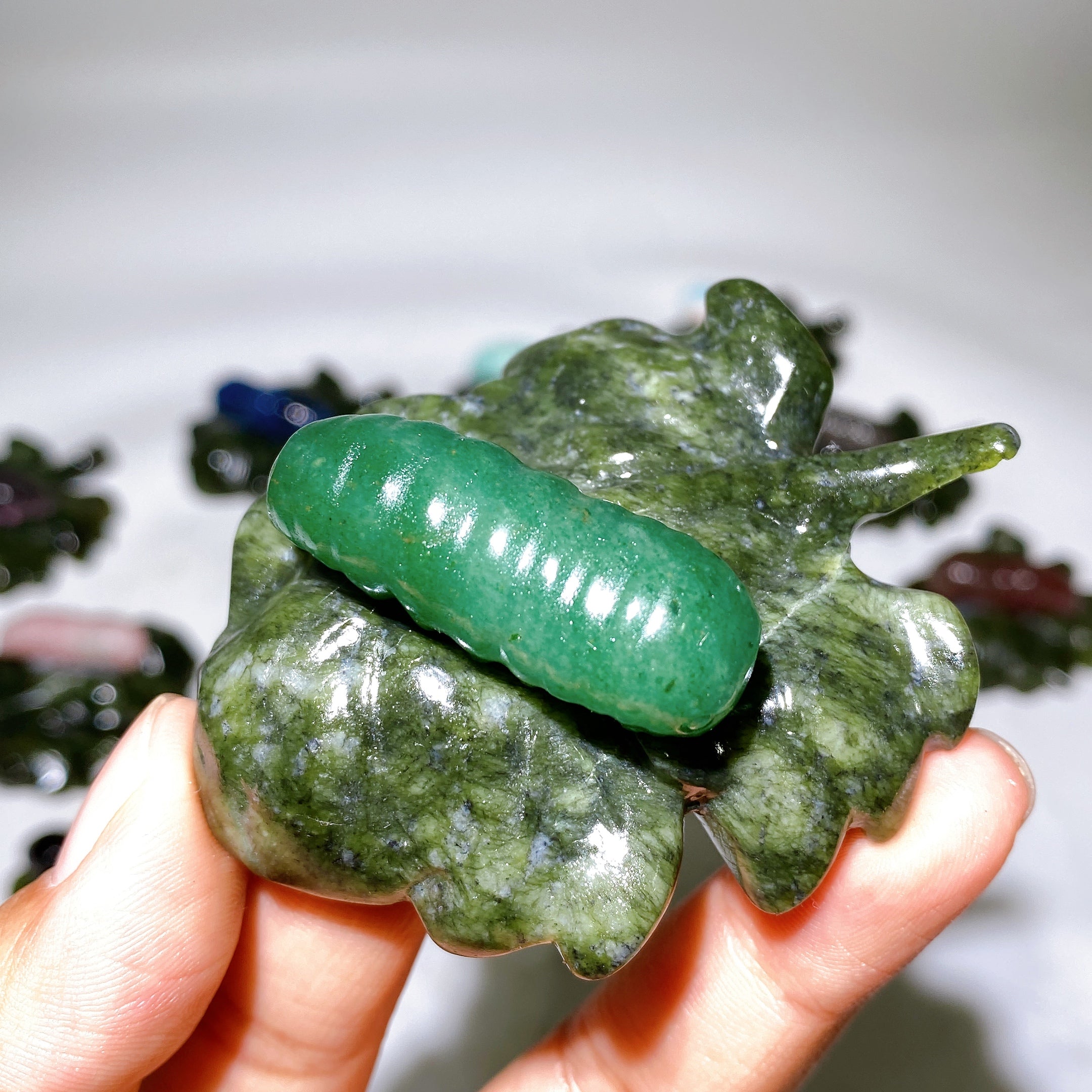 2.7 Inch Crystal Silkworm on Serpentine Leaf Figurine