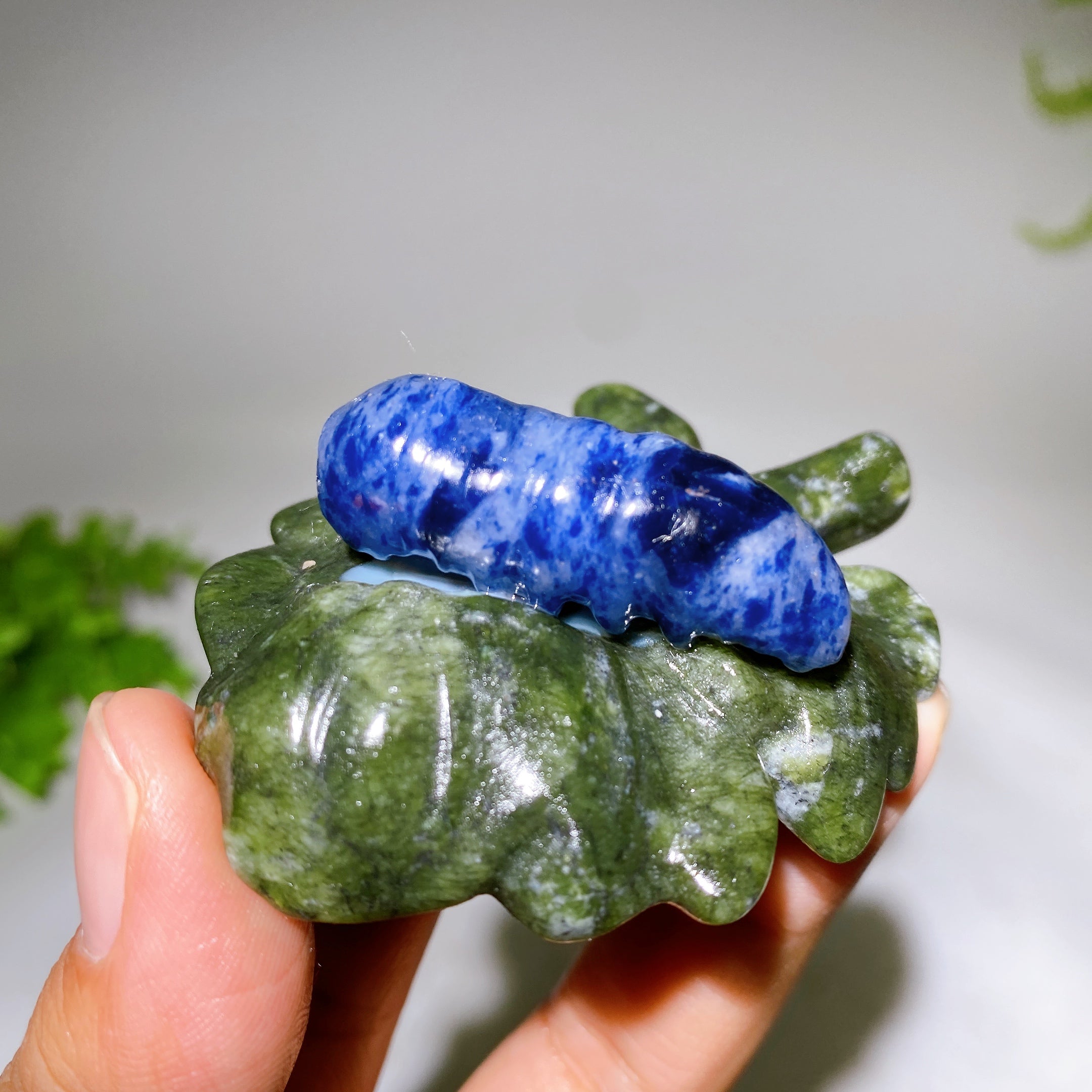 2.7 Inch Crystal Silkworm on Serpentine Leaf Figurine