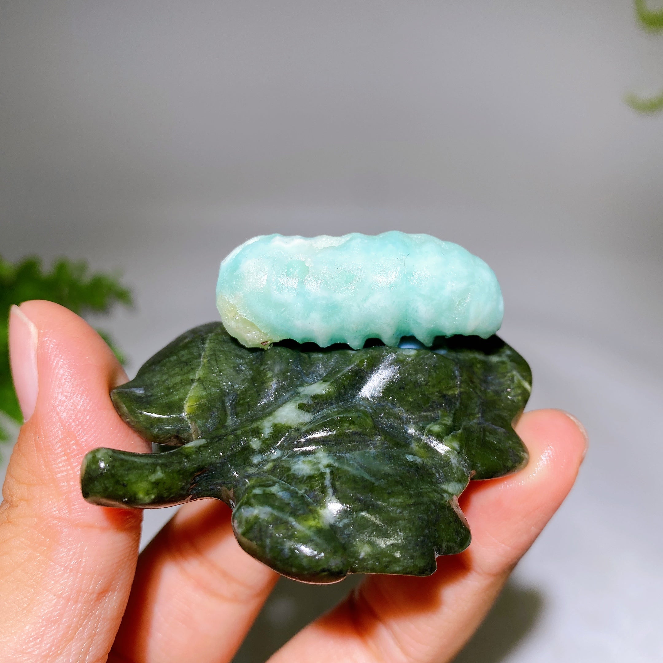 2.7 Inch Crystal Silkworm on Serpentine Leaf Figurine